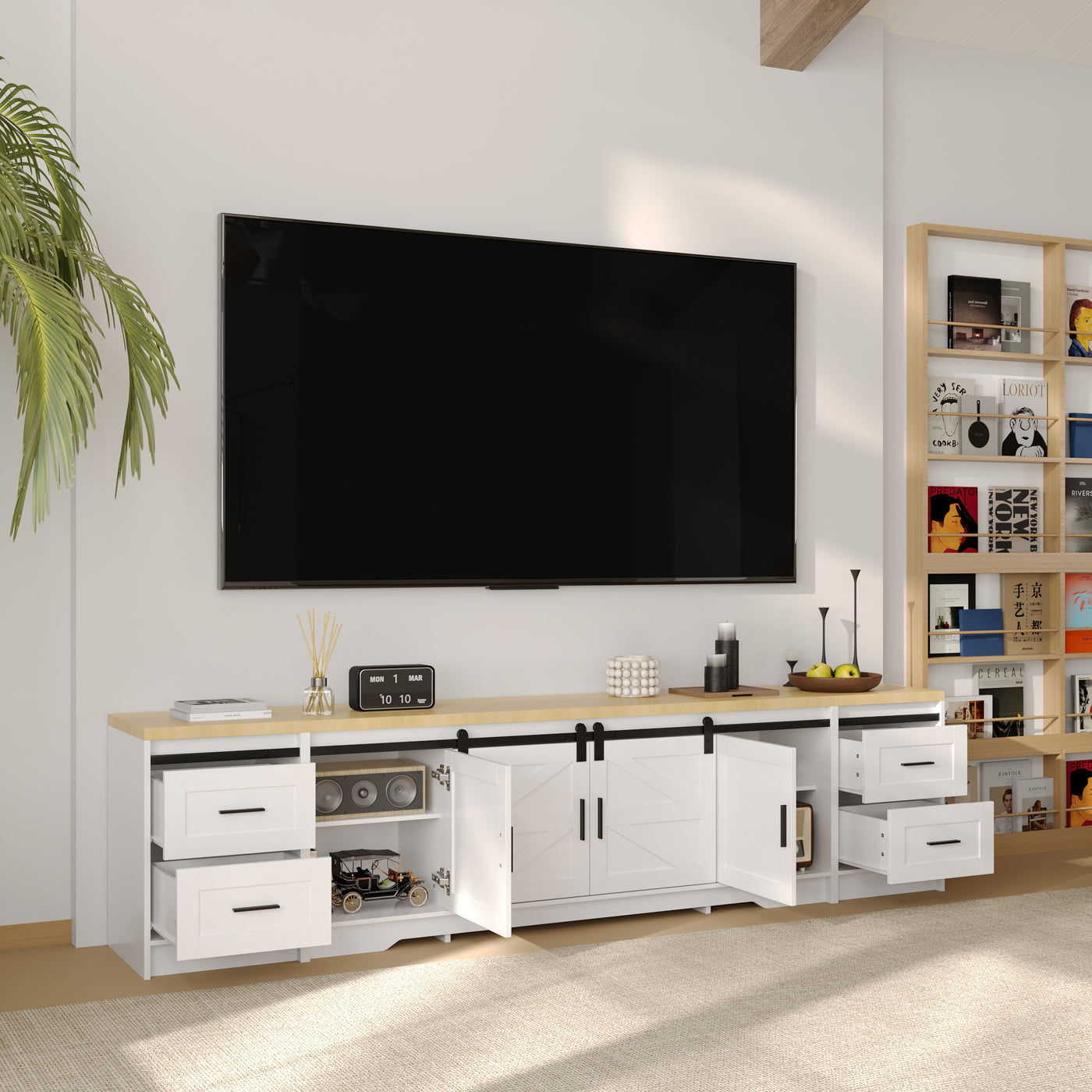 94.5" Modern White Extra Long Barn Door TV Stand with 4 Drawers, Sliding Doors and Adjustable Shelves