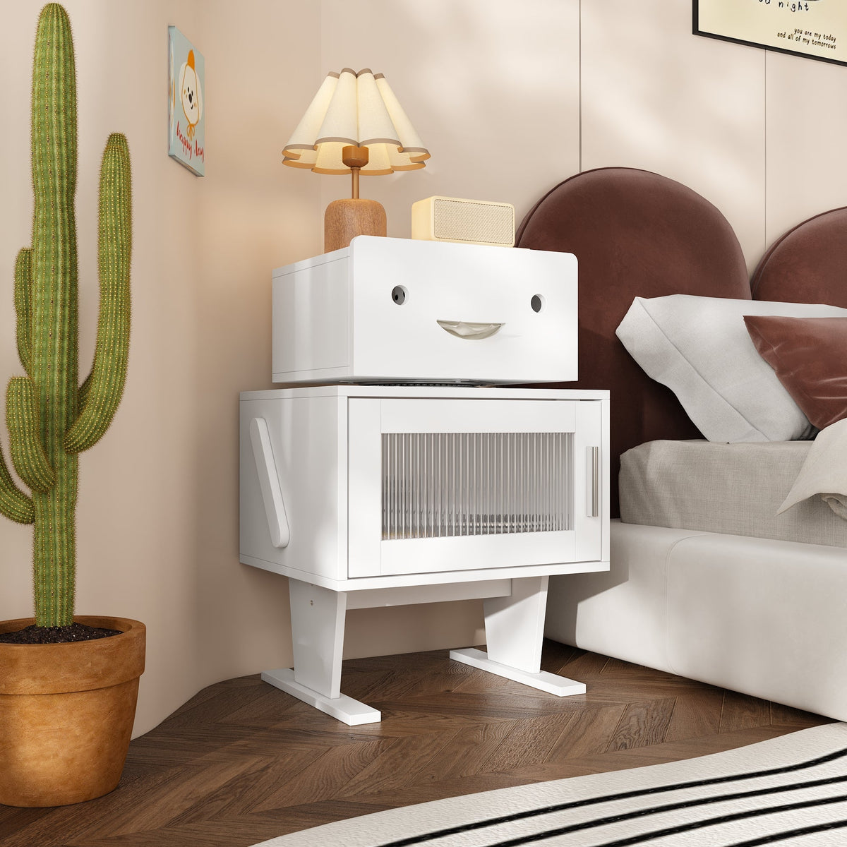 18.9" Modern Creative White Nightstand With Robot Shape And 360°Rotation