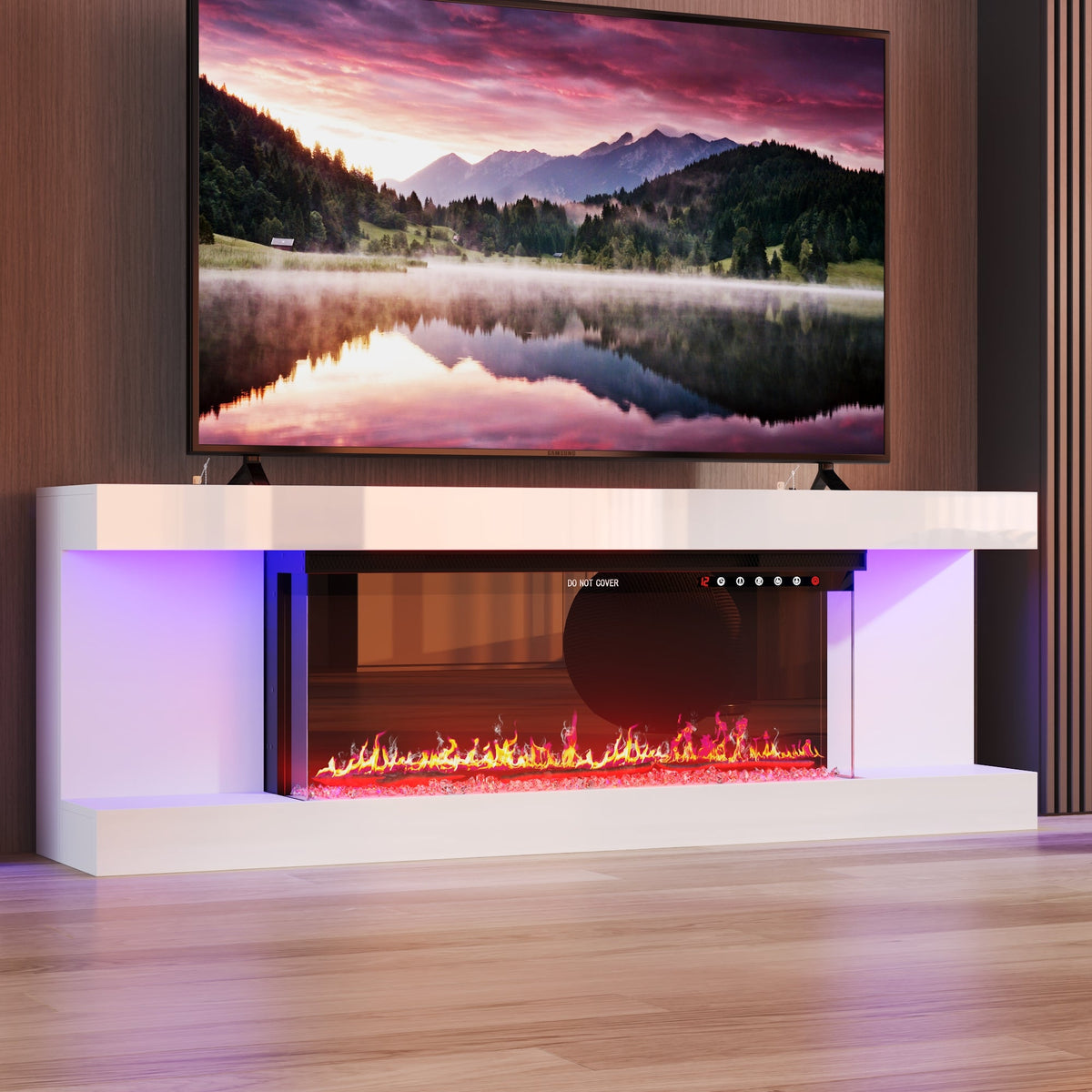 66.5" Modern Minimalist Minimalist White TV Stand With Electric Fireplace And Light