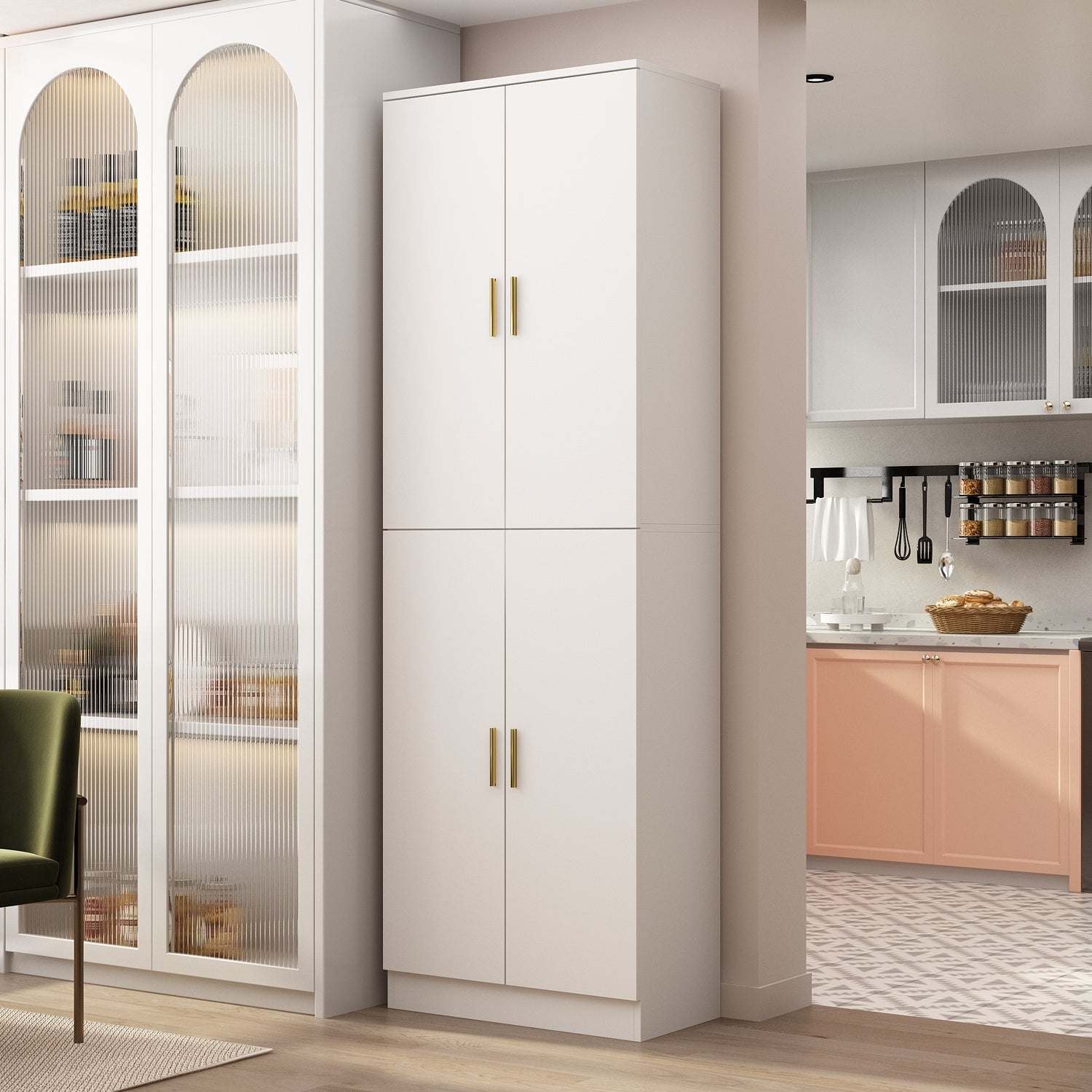 White 6-Shelf Multi-Space Storage Cabinet Tall Shelf Adjustable Compartments