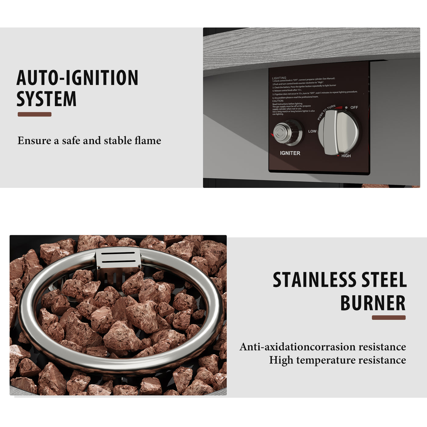 Stainless steel burner with auto-ignition system features on a gray background