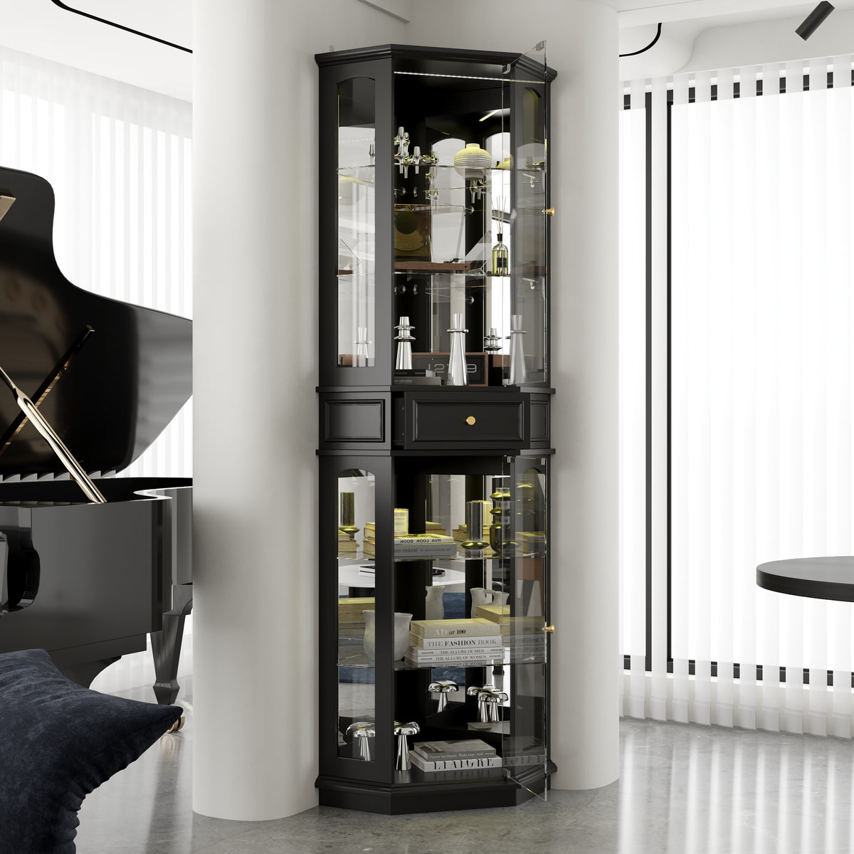 Black tall display cabinet with glass doors and center drawer