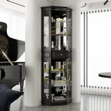 Black tall display cabinet with glass doors and center drawer