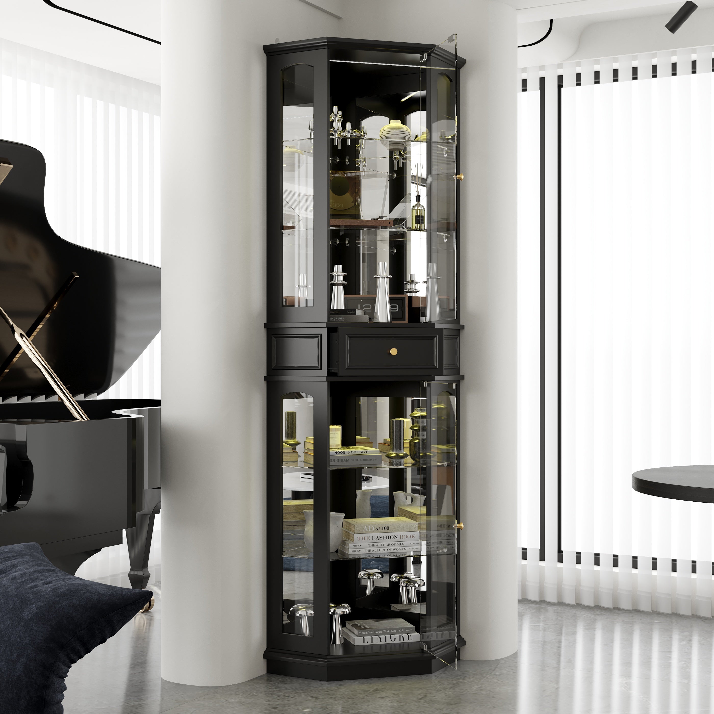 Black tall display cabinet with glass doors and center drawer