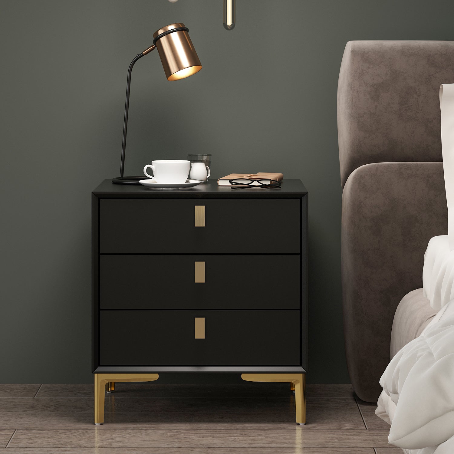 Nightstand Dresser Black End Table in Gold Metal Legs with 3 Drawers