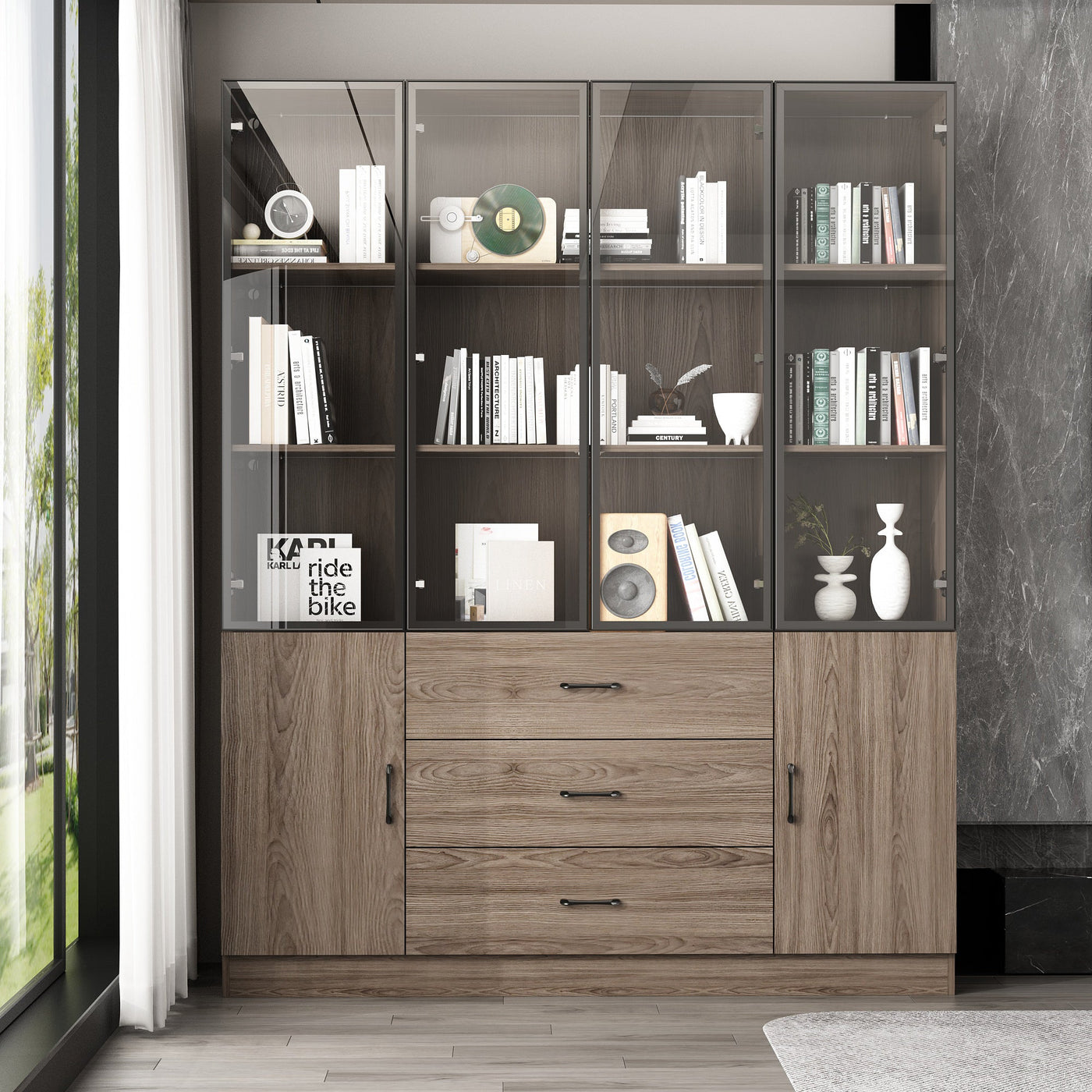 Geyma 63" Modern Brown Display Cabinet with Tempered Glass Doors and Adjustable Lighting