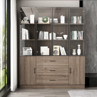 Geyma 63" Modern Brown Display Cabinet with Tempered Glass Doors and Adjustable Lighting