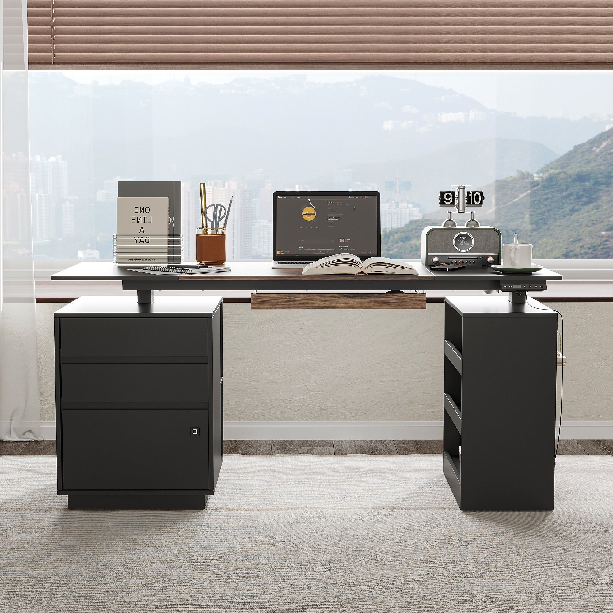 Modern Electric Height Adjustable Desk With Dual Storage Modules And Pegboard Organizer