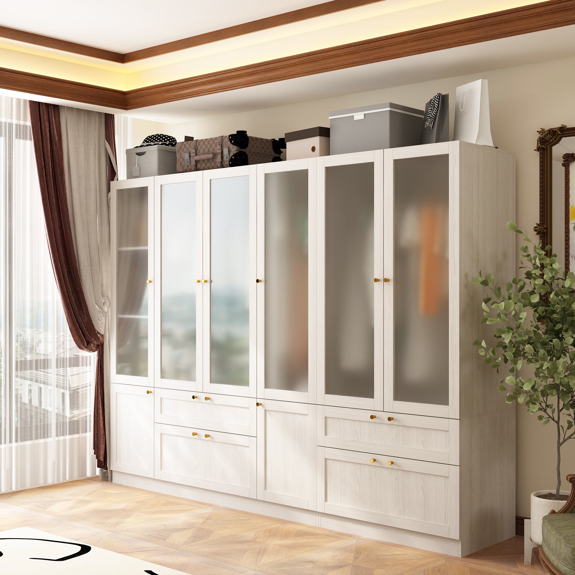 Elegant Multi-Compartment Wardrobe with Frosted Glass Doors & Ample Storage
