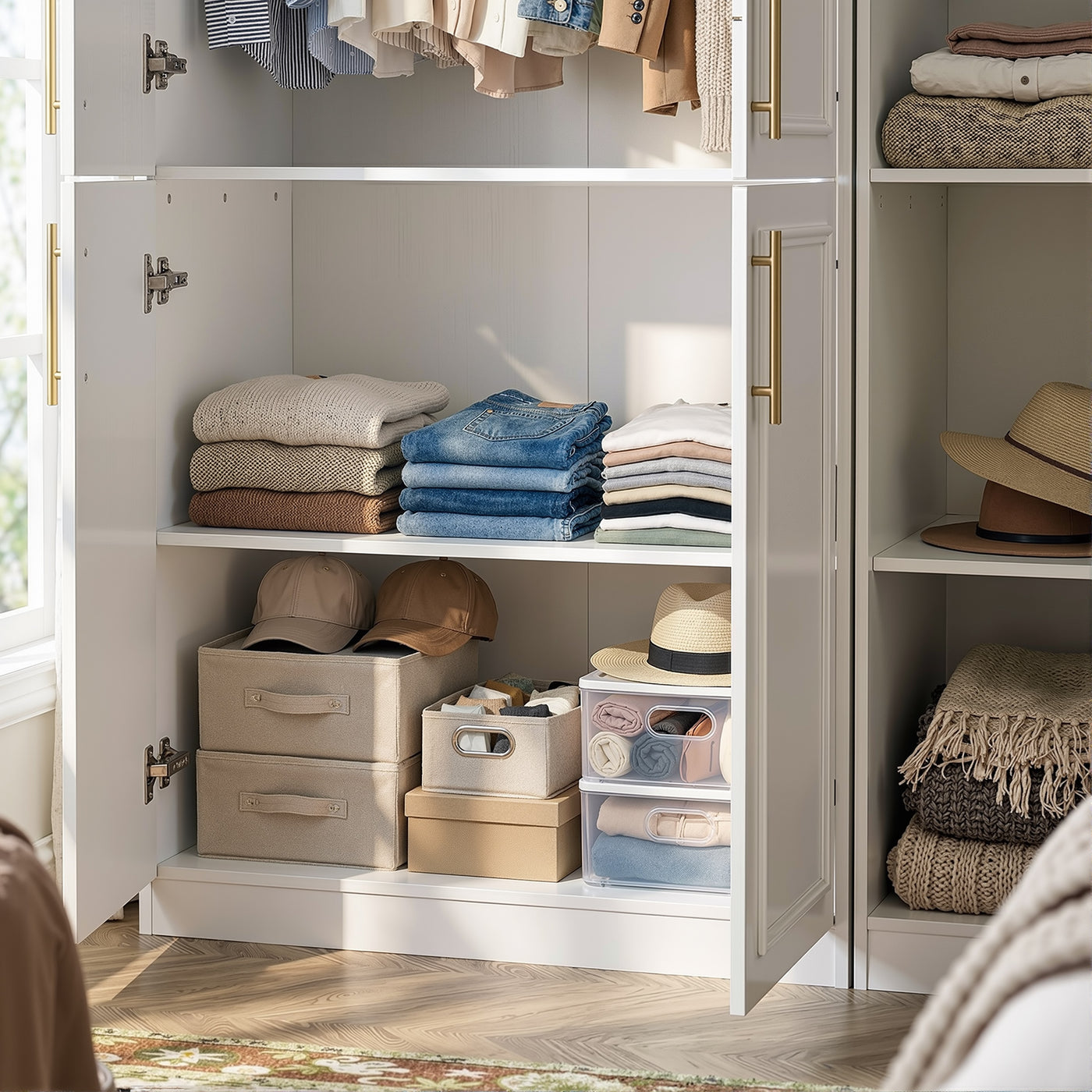 Rena 47.6" Luxe White Armoire with 6 Doors and 2 Hanging Rods