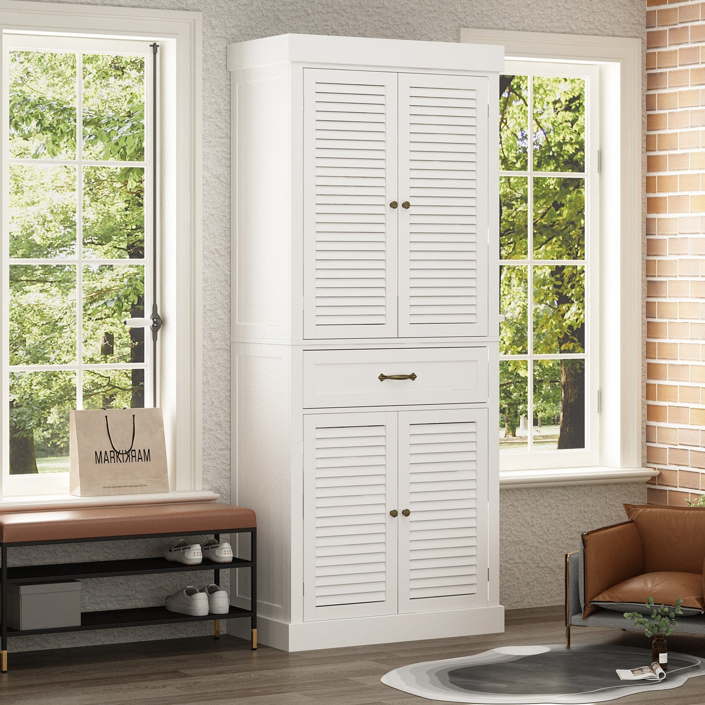 30" Modern Minimalist White Tall Storage Cabinet with 6-Tier Adjustable Shelves, Drawers and Shutter Door