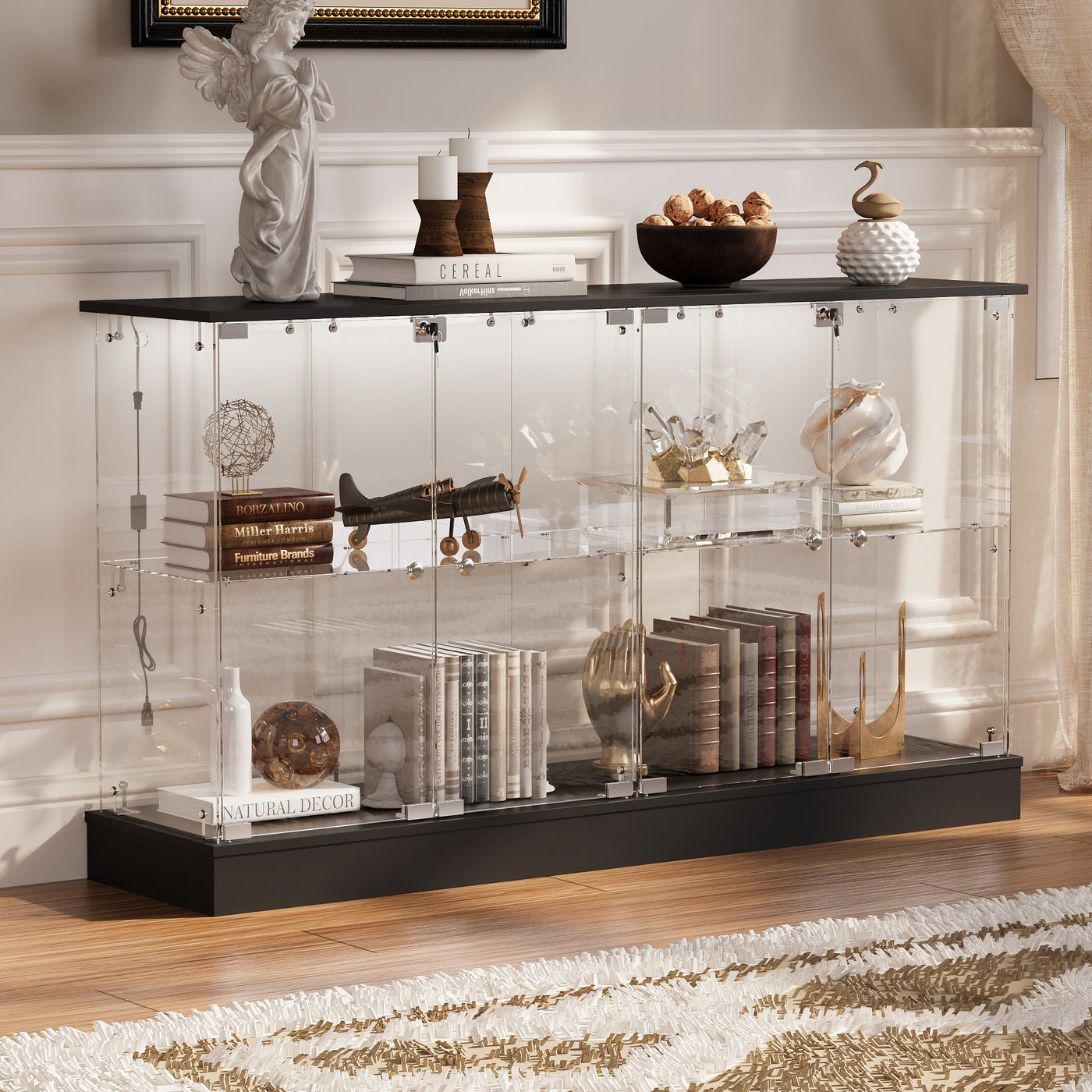 55.1" Modern Black Sideboard Display Case with LED Lighting & Full Glass Design