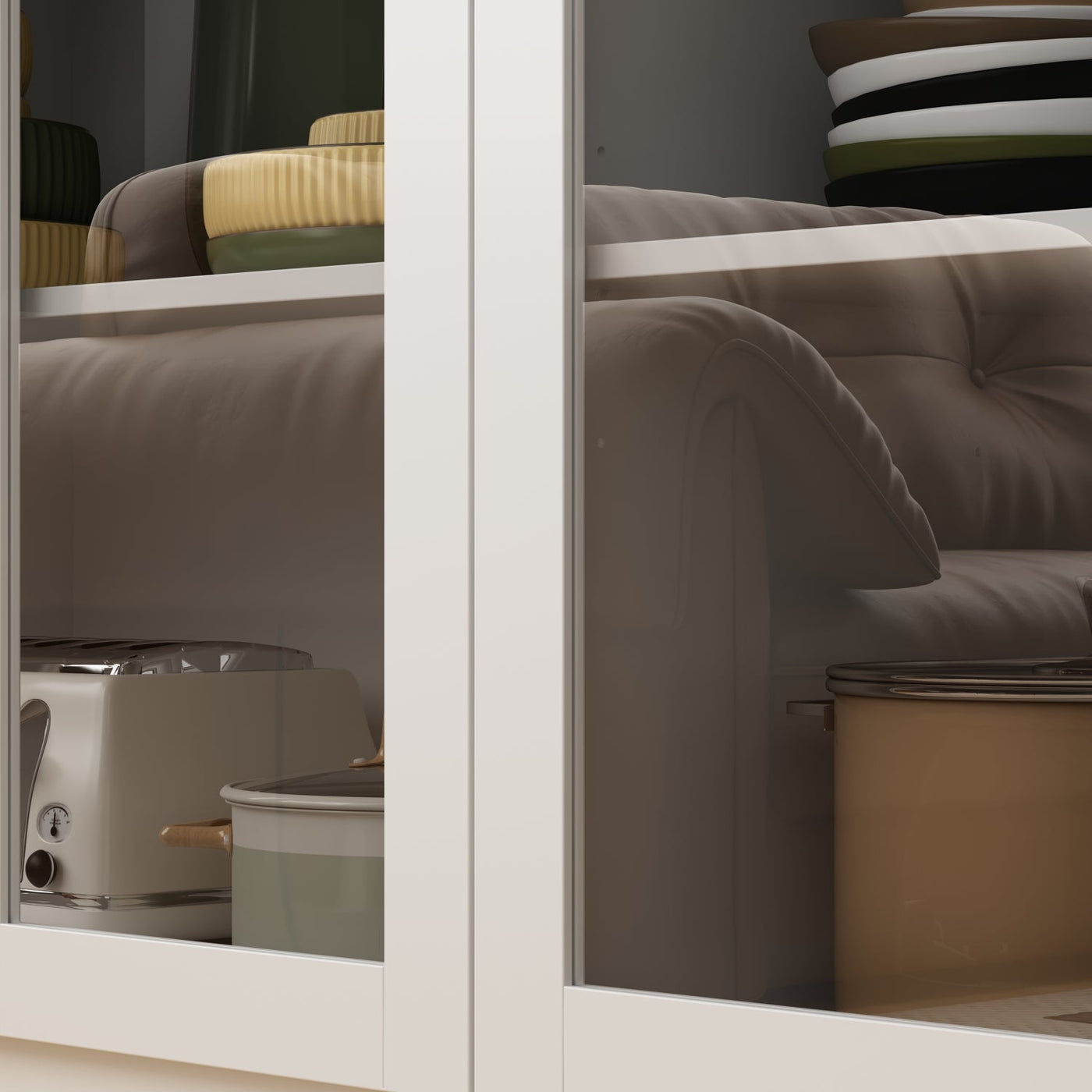 47.2" Modern White Tall Bookshelf with 6 Glass Doors and Gold Conical Handles