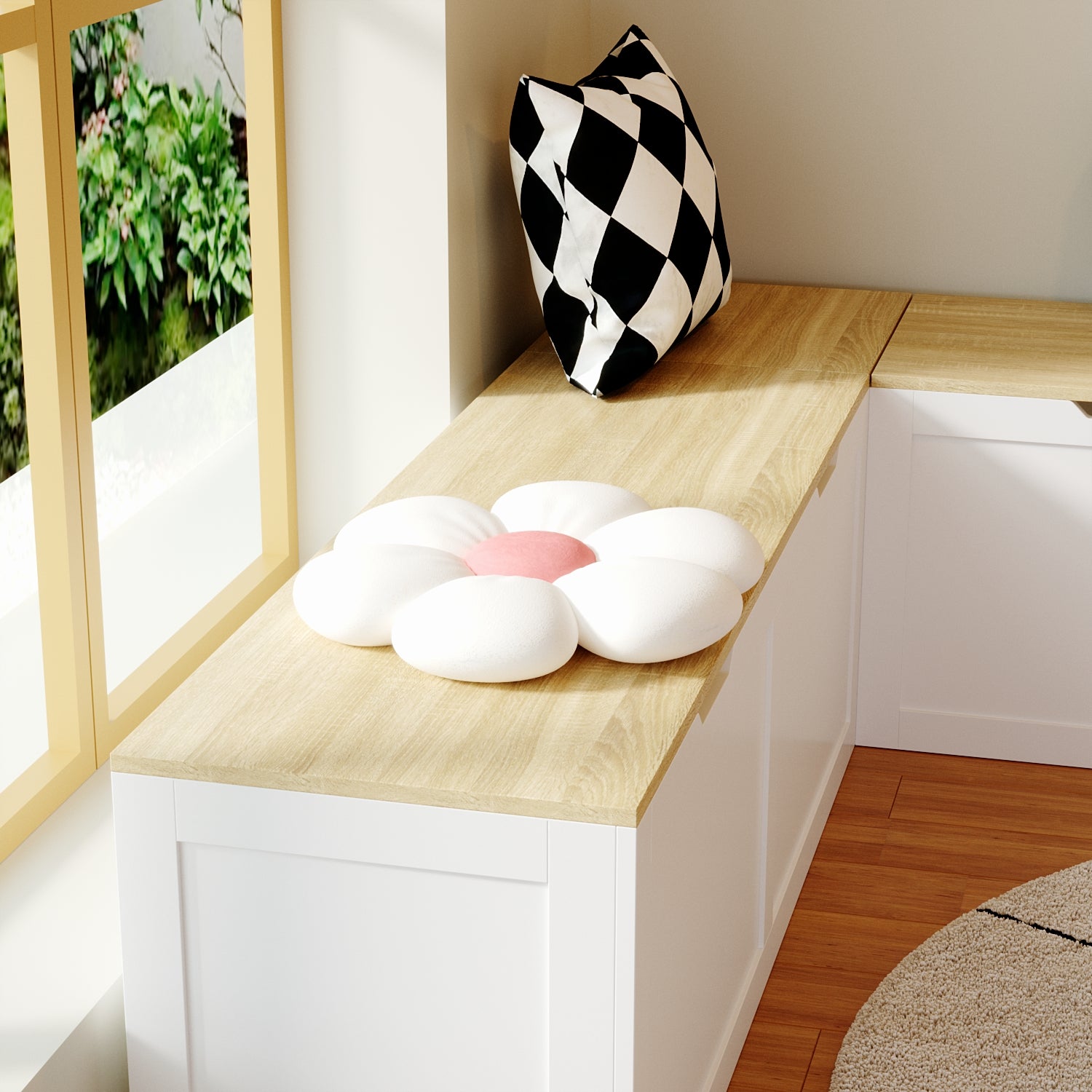 White corner shoe cabinet with bench seating and hidden storage
