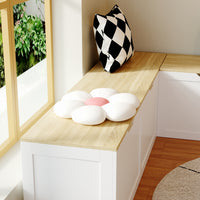 White corner shoe cabinet with bench seating and hidden storage