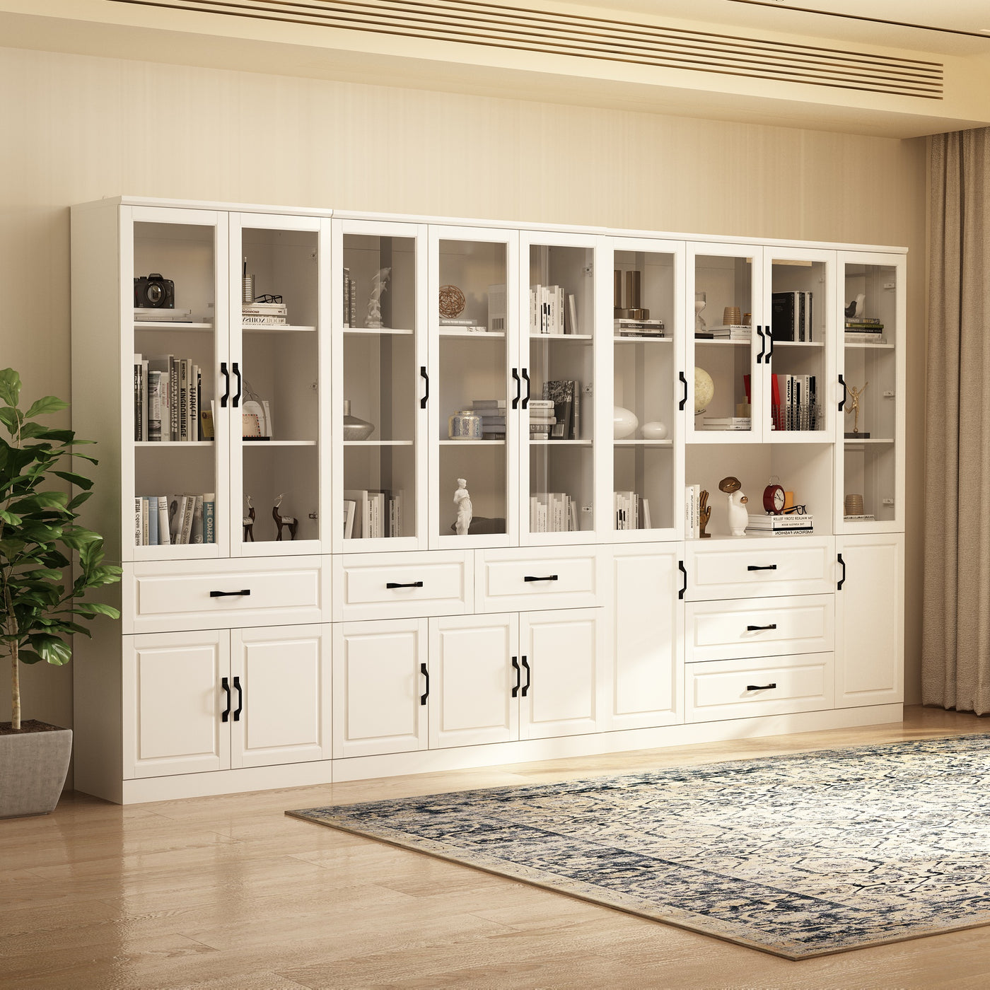 Vila 141.7" White Bookcases & Display Cabinets with 6 Drawers and Open Shelf