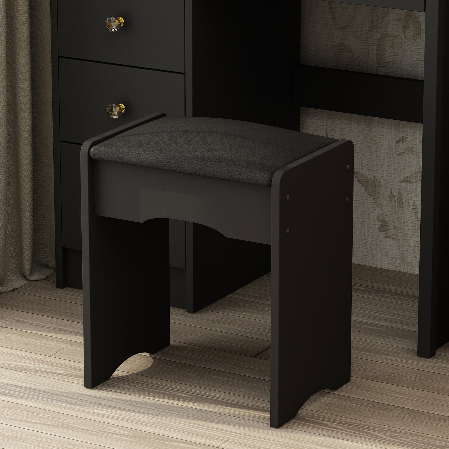 Makeup Vanity Set with Cushioned Stool, 5 Drawers & Display Shelves