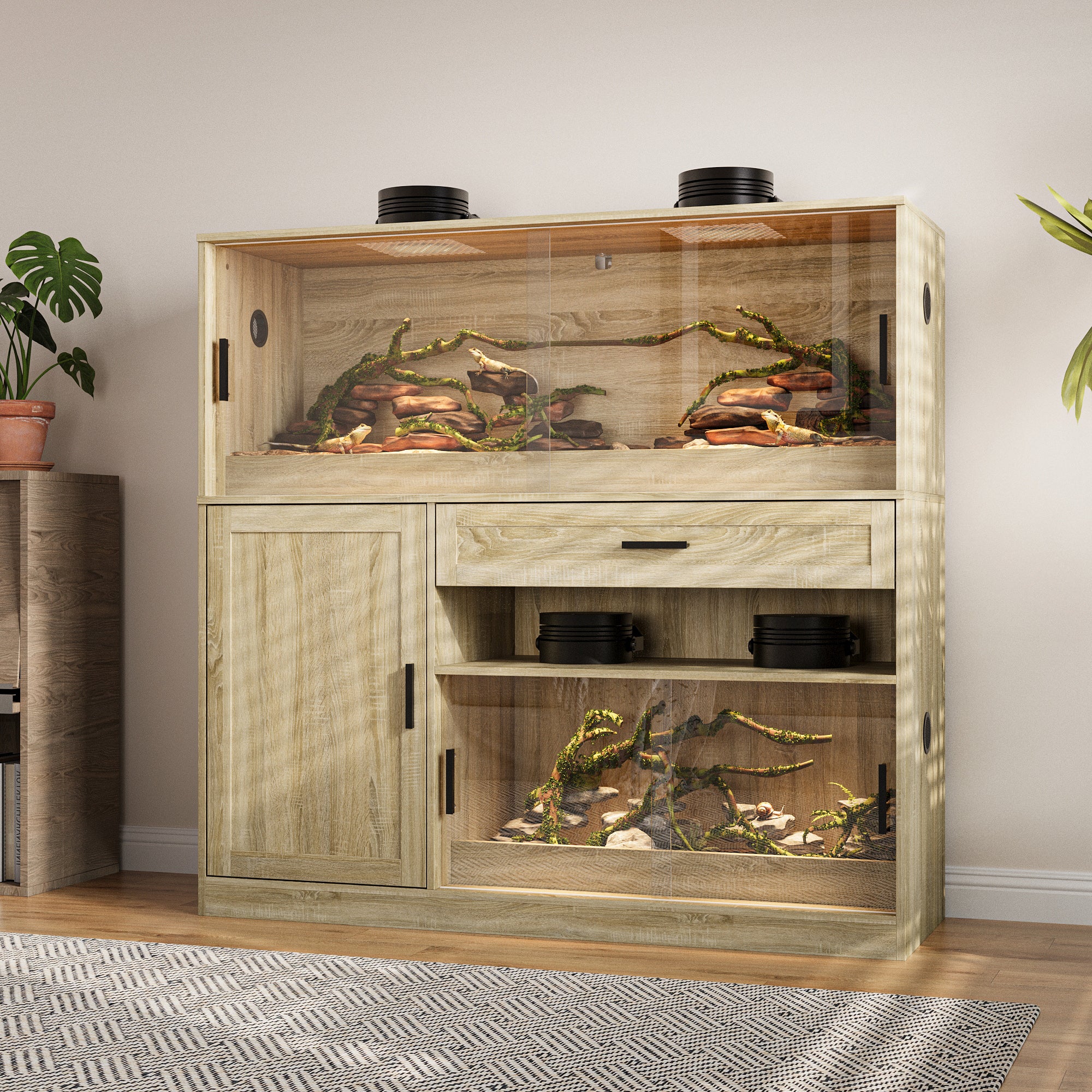 Dual-Zone Reptile Terrarium With Tempered Glass & Storage Cabinet