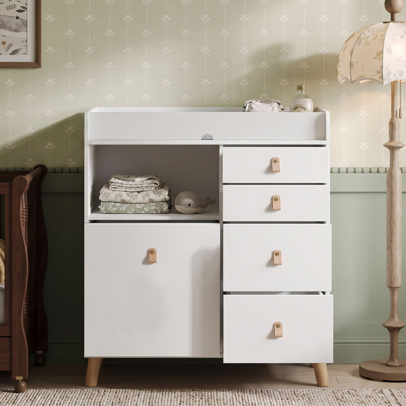 47.2" Modern White Changing Table Dresser with 3 Drawers & 2 Storage Cabinets