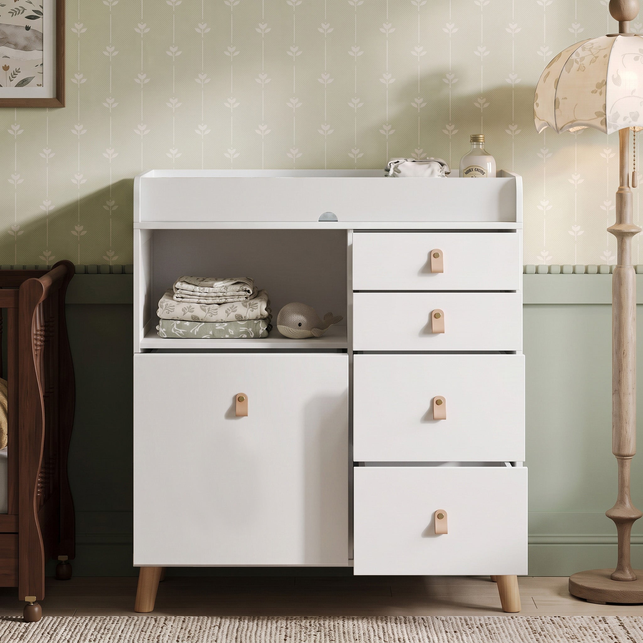 47.2" Modern White Changing Table Dresser with 3 Drawers & 2 Storage Cabinets