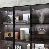 Geyma 78.7" Modern Brown Display Case with LED Lights & 4 Tempered Glass Doors