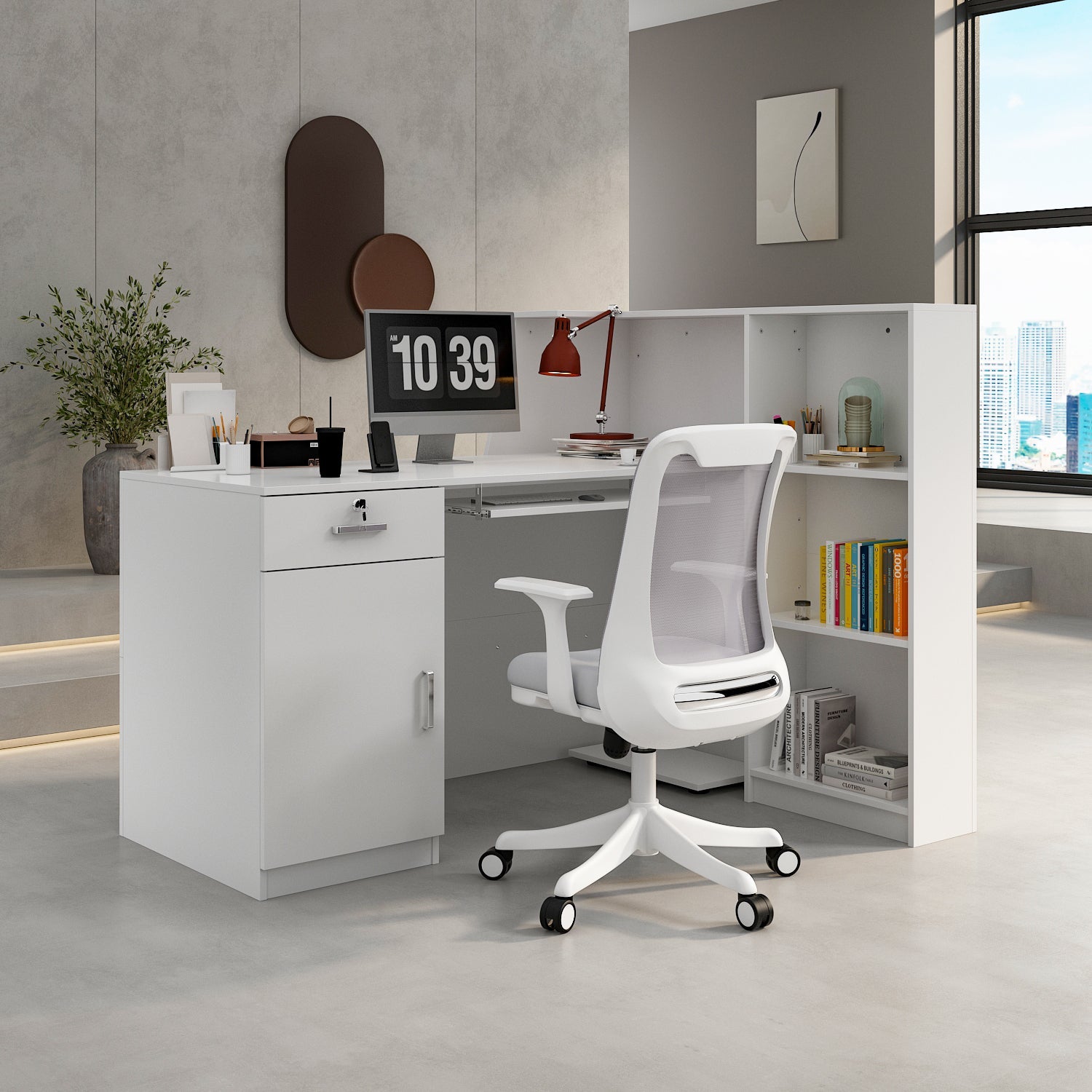 Reception Desk Front Counter Desk with Lockable Drawer & Bookshelf