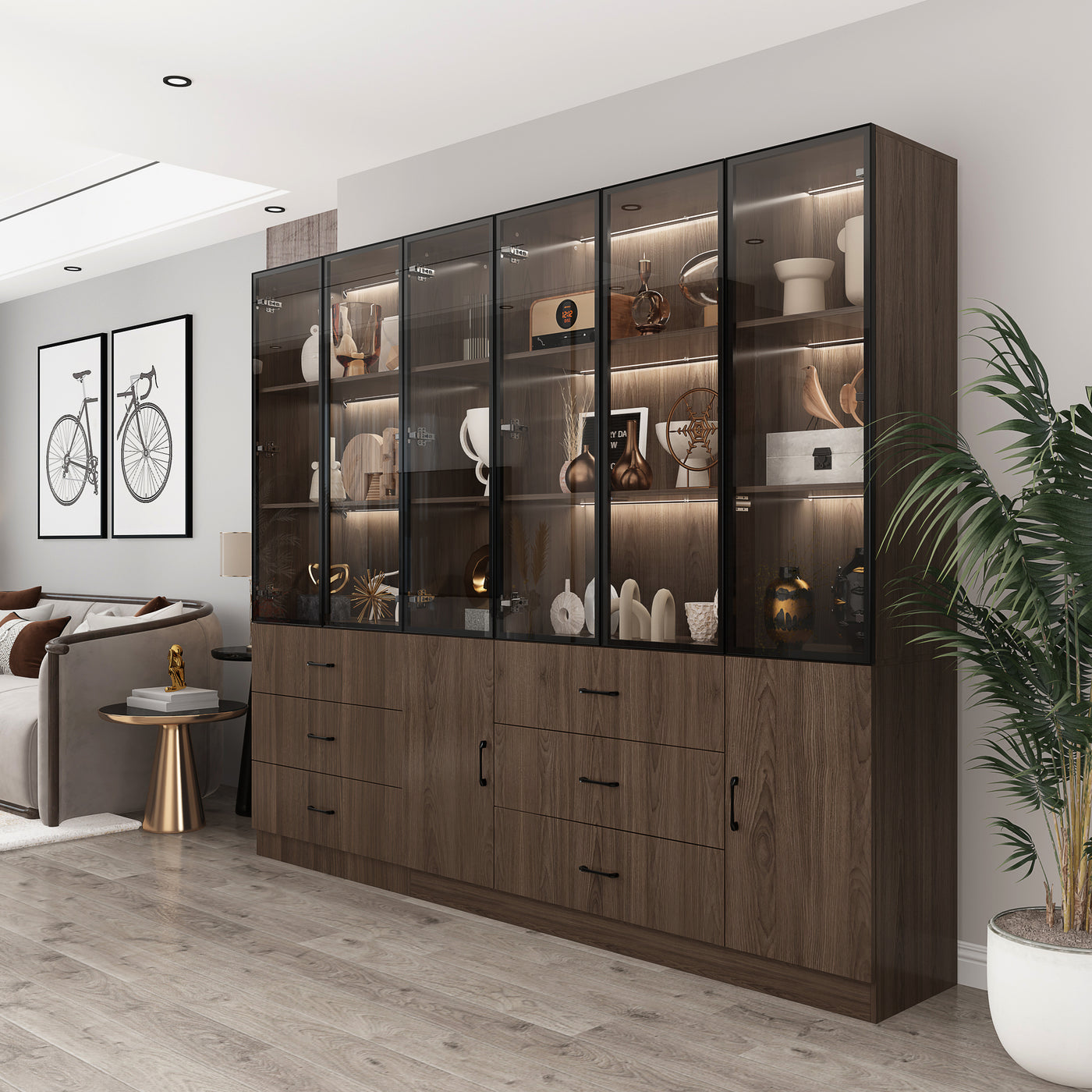 Geyma 94.4" Modern Brown Extra Wide Display Case with LED Lights & 6 Glass Doors