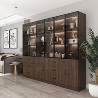 Geyma 94.4" Modern Brown Extra Wide Display Case with LED Lights & 6 Glass Doors