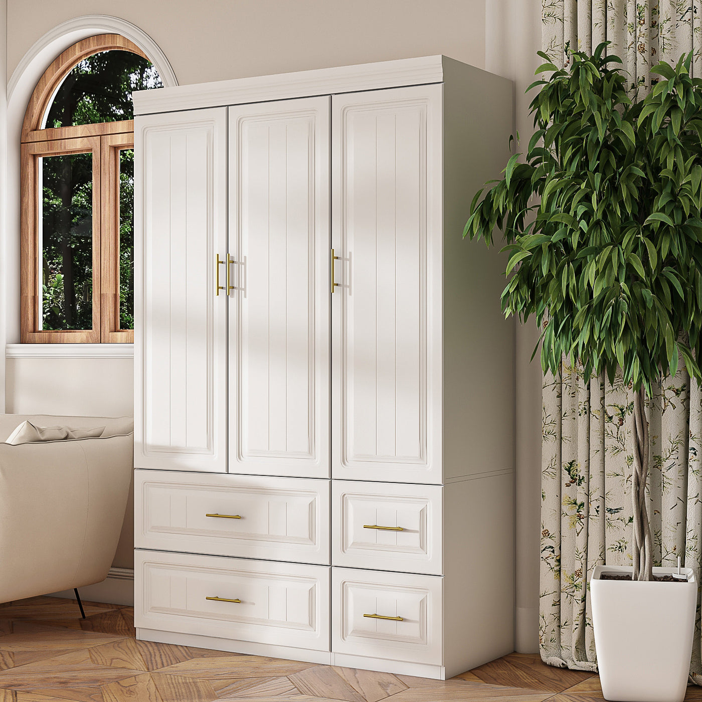 White wardrobe with gold handles in a modern bedroom setting