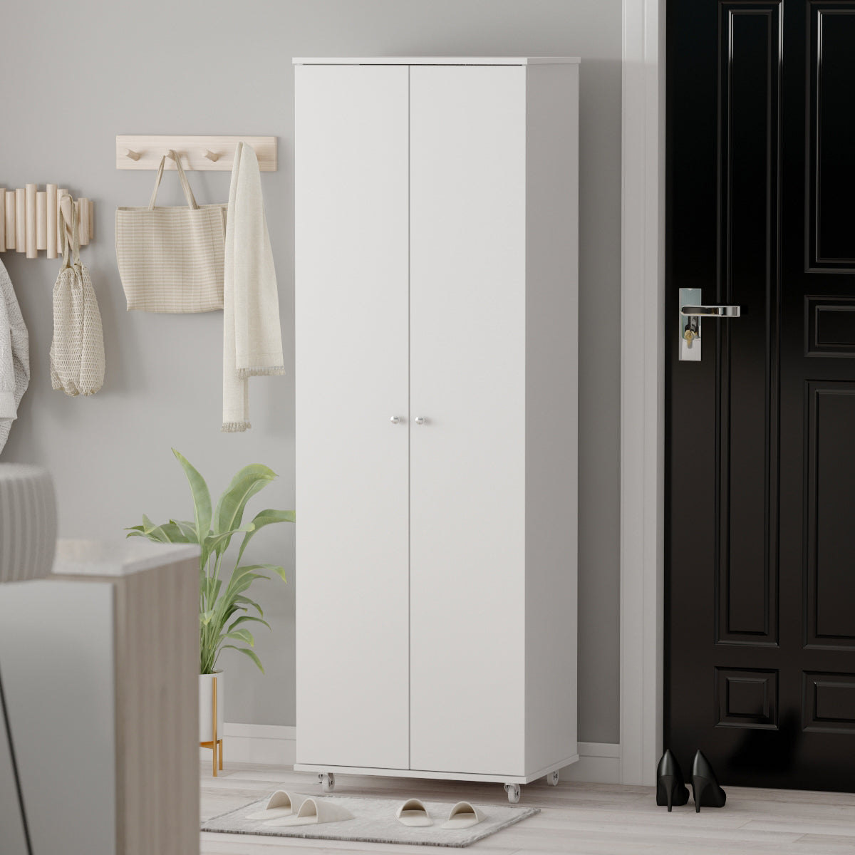 Large Shoe Cabinet with 2 Doors and Wheels 8-Tier Storage Shelves Wood Shoe Organizer Storage Cabinet