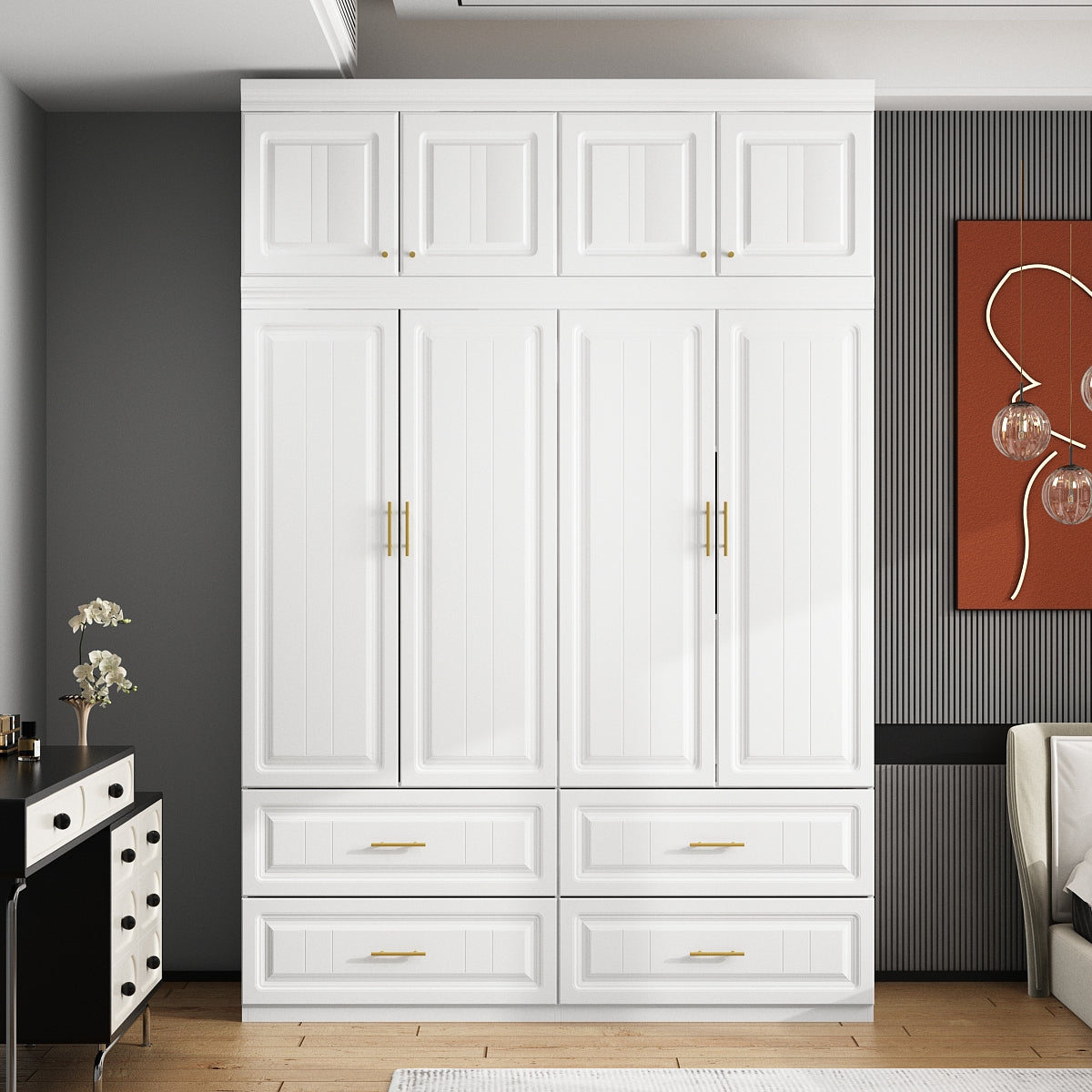 63" Modern White Vacuum-Formed Armoire with Top Cabinet, 4 Doors and 4 Drawers