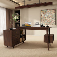 55.1" Mid-Century Modern Brown L-Shaped Home Office Computer Desk with 3 Drawers and Wood Legs