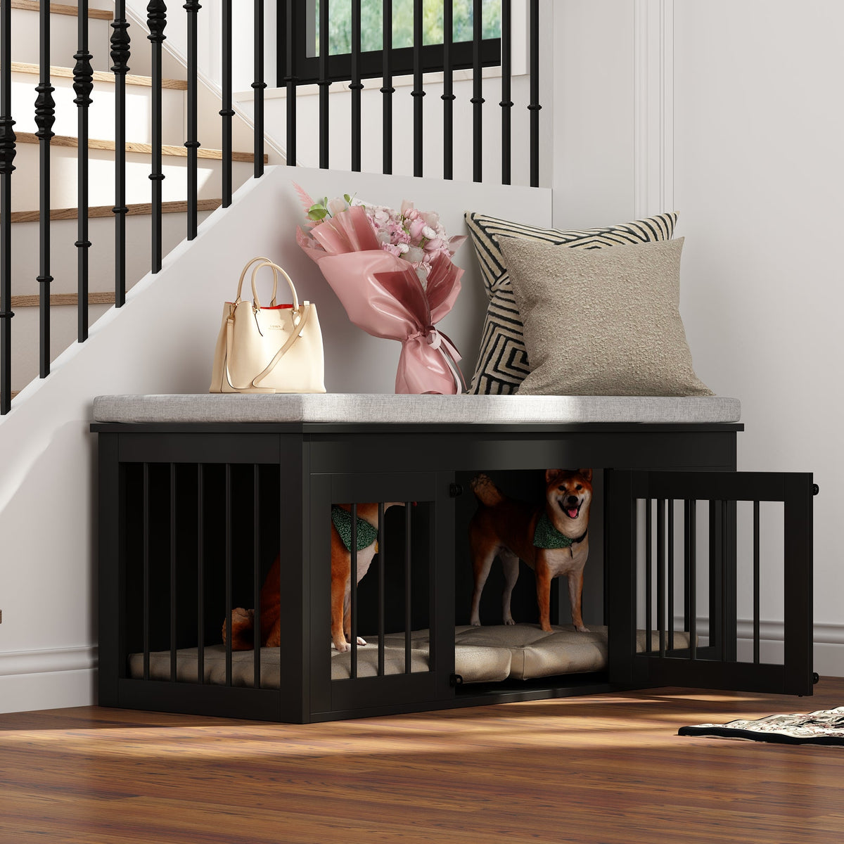 47.2" Modern Black Bed Bench Dog Crate with Cushion