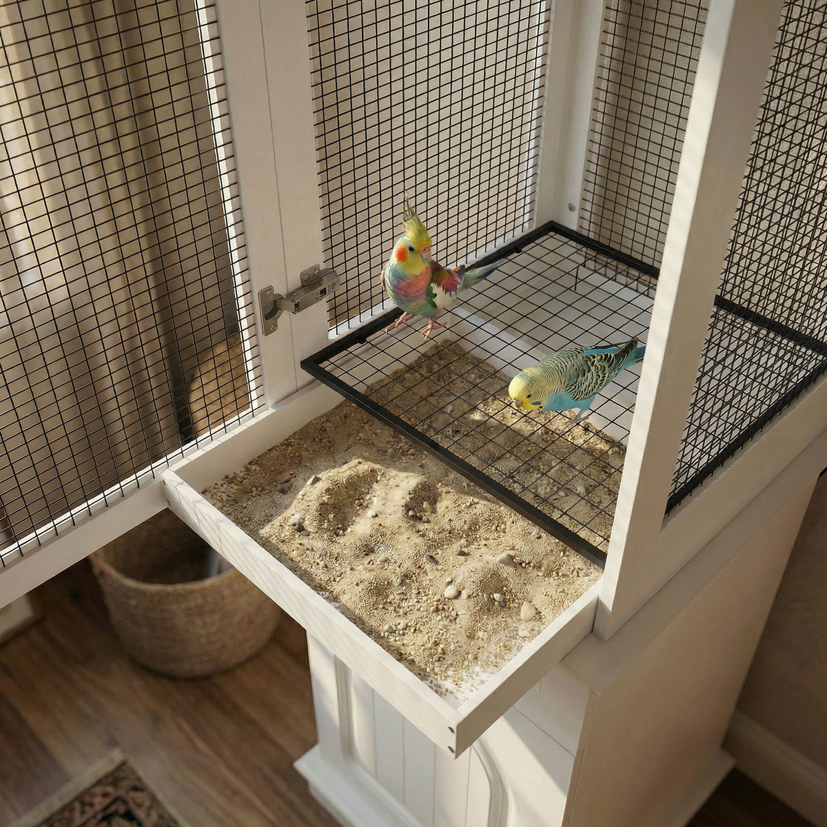Two colorful parakeets in a birdcage with a wooden base.