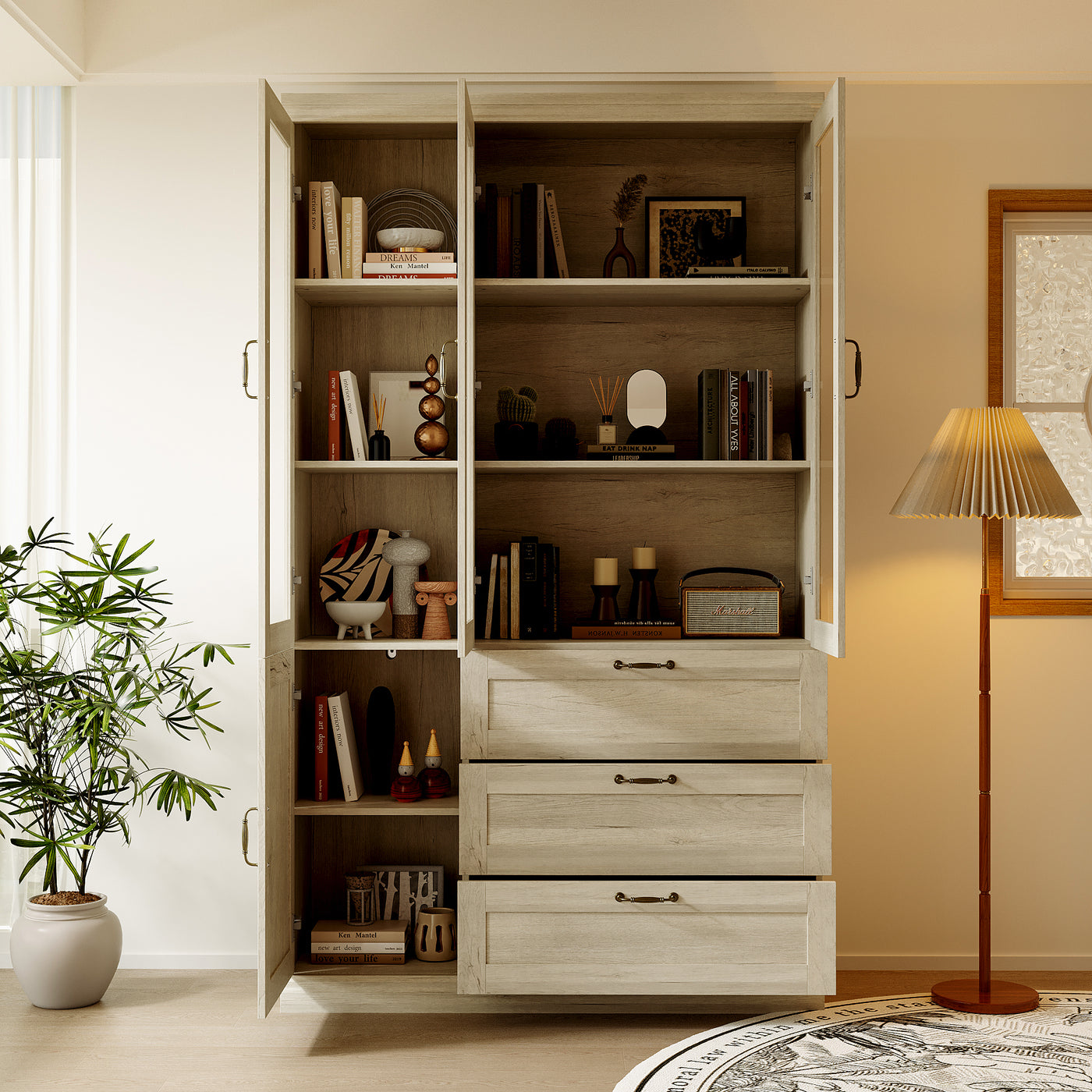 47.2" Farmhouse Gray-White Display Bookcase with Glass Doors