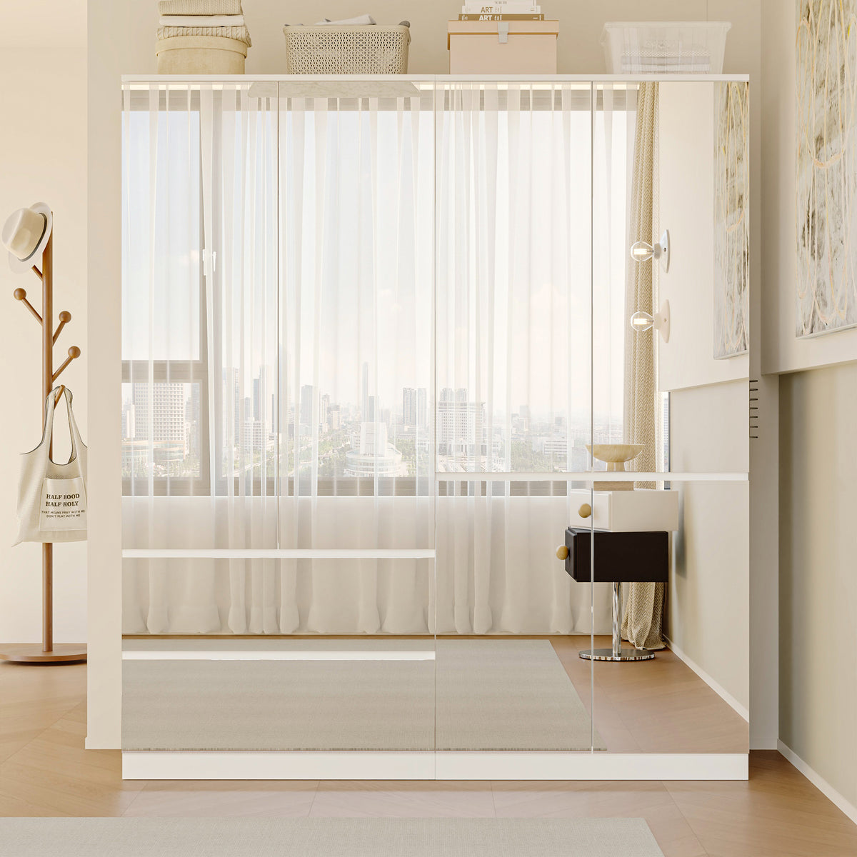 63 inch Modern Mirrored Wardrobe Armoire with 4 Doors and 2 Storage Drawers