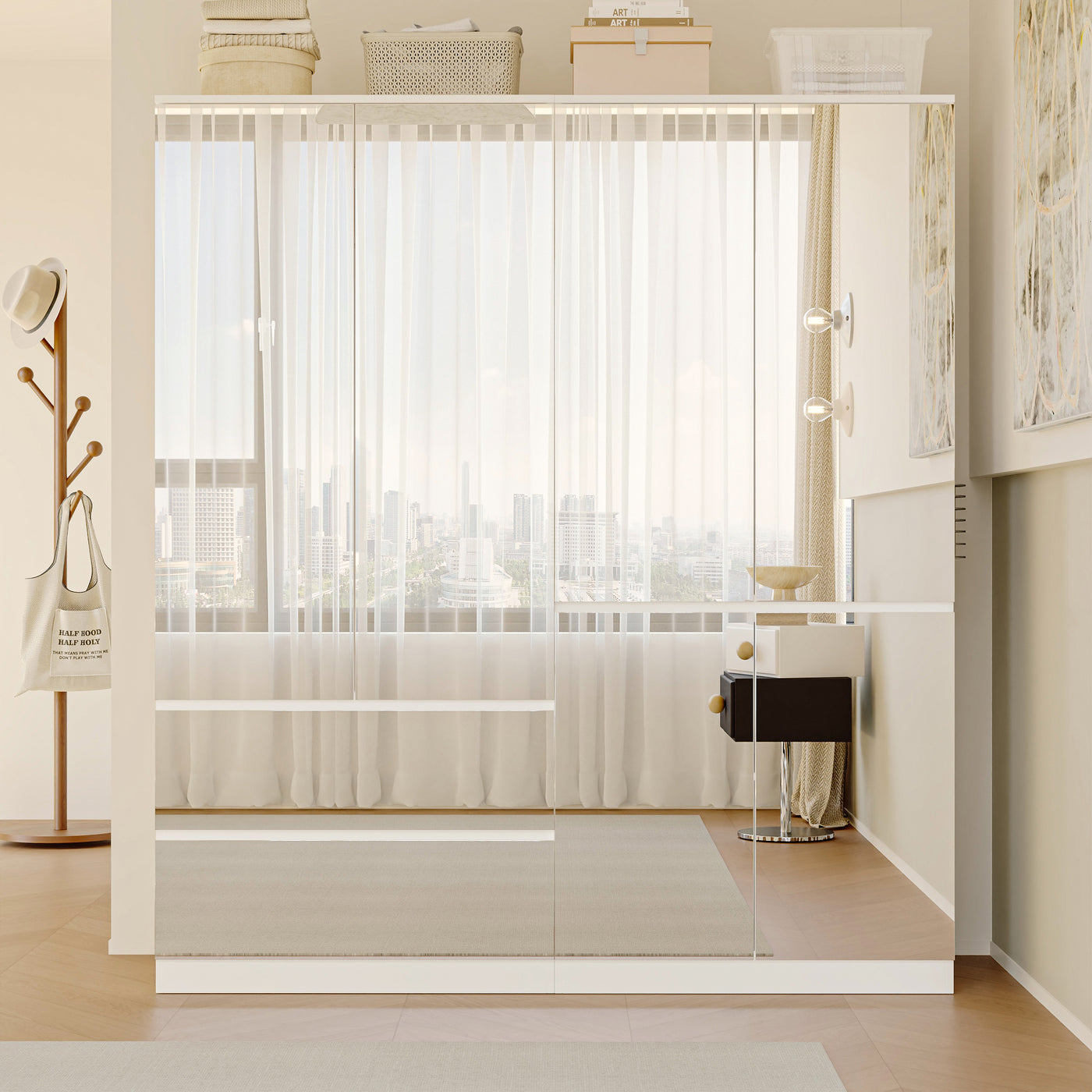 Hylja 63" Modern Mirrored Wardrobe Armoire with 4 Doors and 2 Storage Drawers