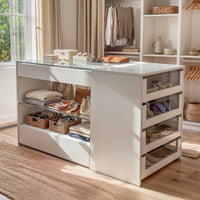 47.2" Modern White Closet Island with Strong Storage and Glass Top