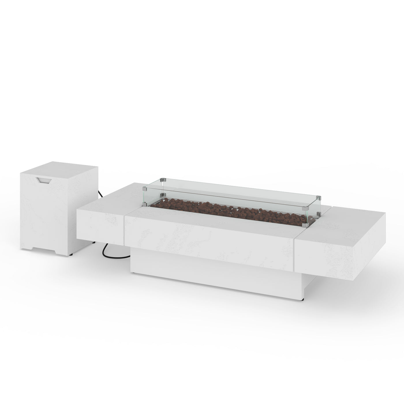 Modern white fire pit table with glass cover on a white background