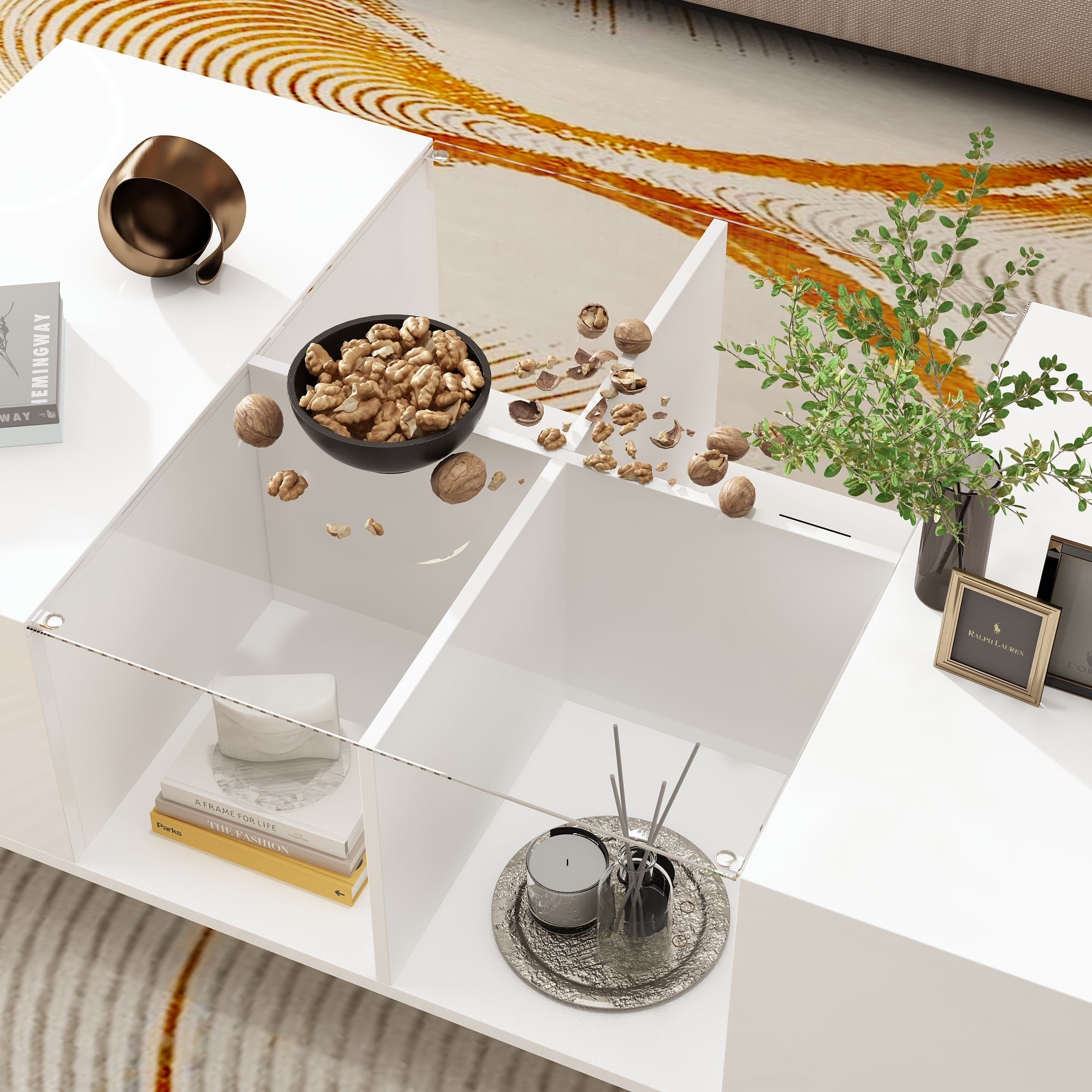 Coffee Table Storage High Gloss Coffee Tables LED Lighting Cocktail - 47.4"W