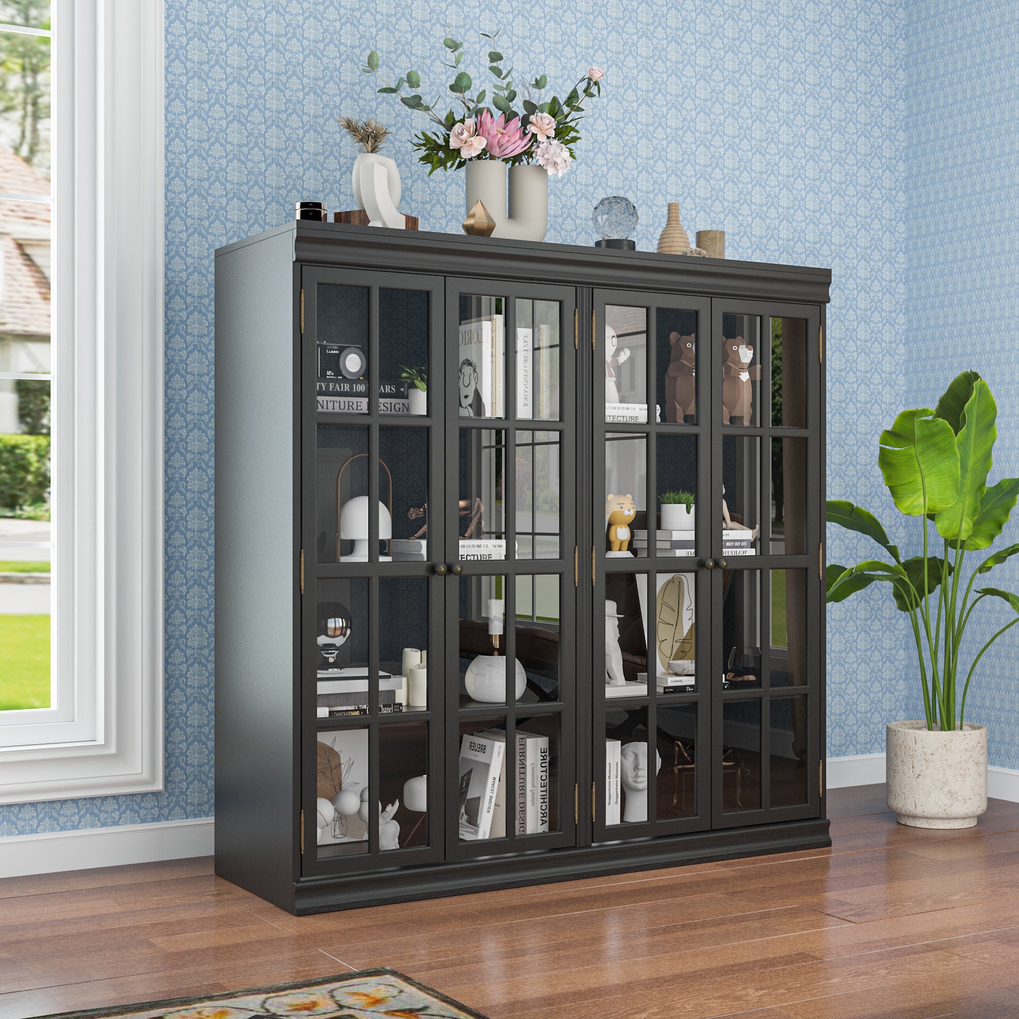 47.2"W Sideboard With 4 Glass Door Large Capacity Cabinet Home Storage