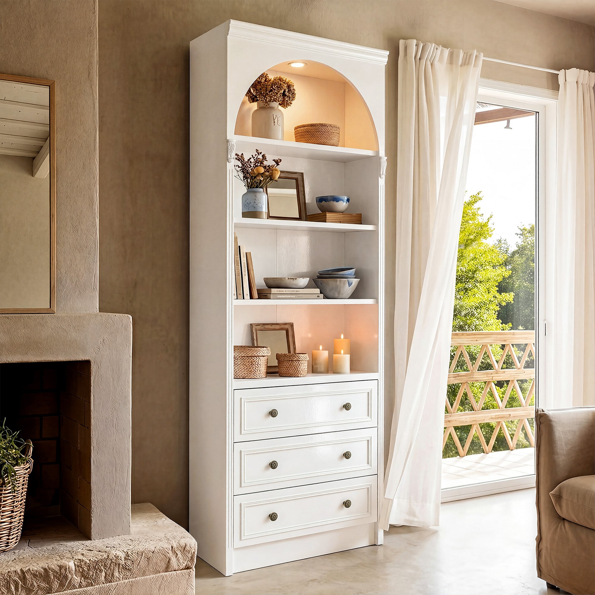 White display cabinet with open shelves, 3 drawers, and labeled dimensions diagram