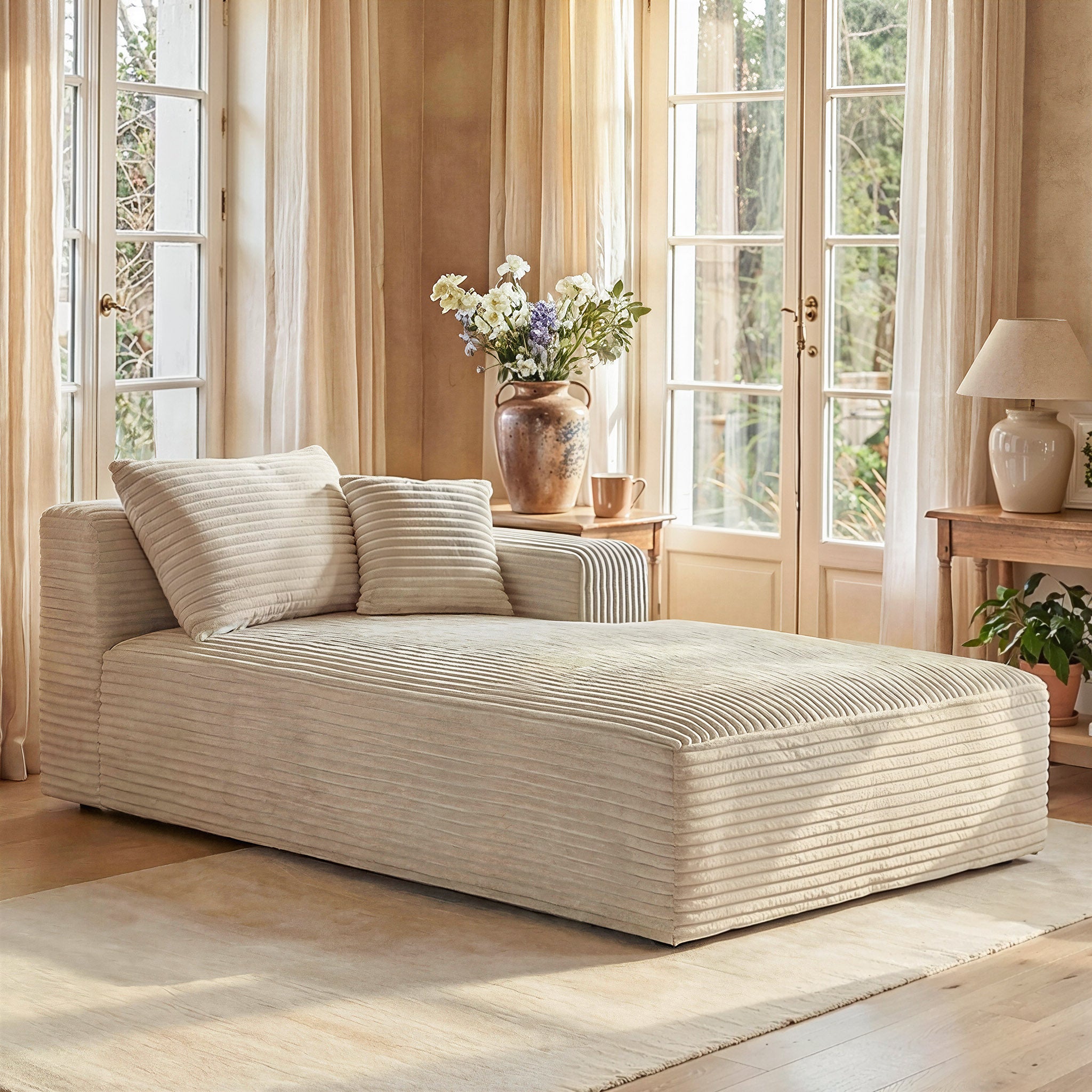 Upholstered Arm Sofa Chaise With Two Pillows