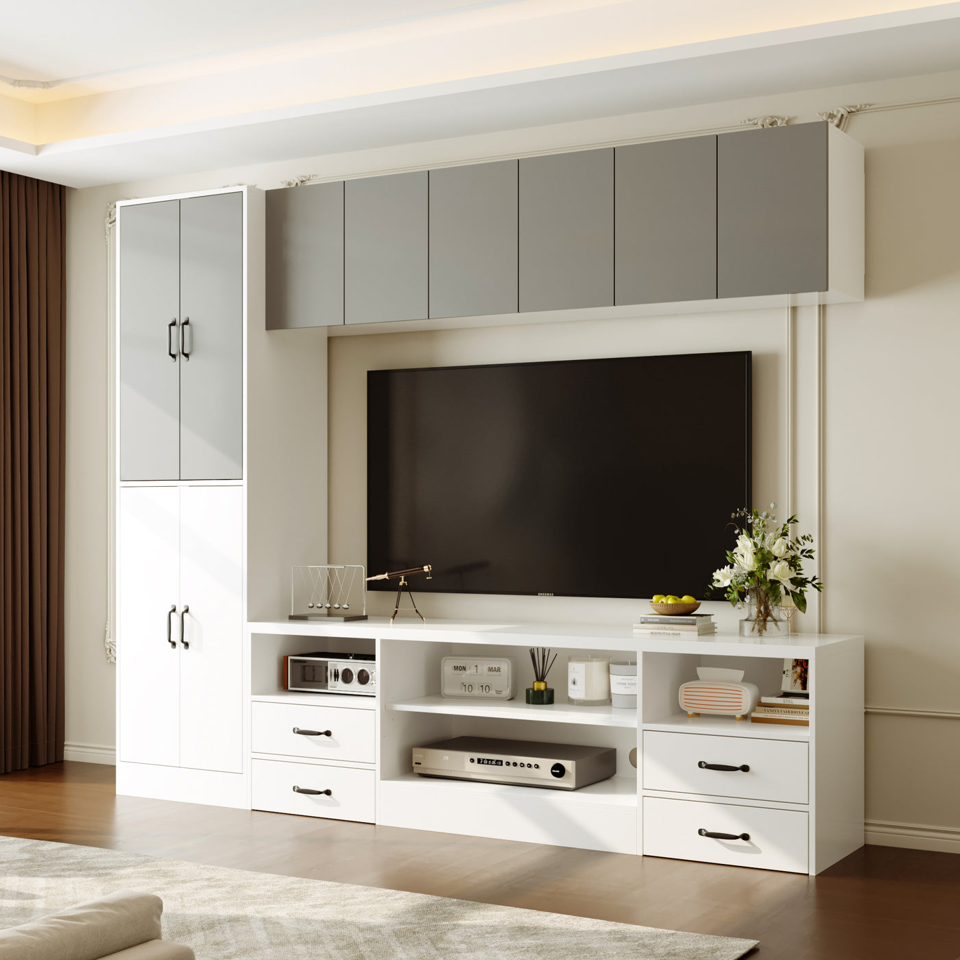 Modern living room with a television mounted on a wall unit.
