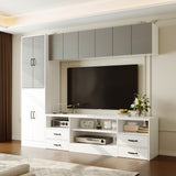 Modern living room with a television mounted on a wall unit.