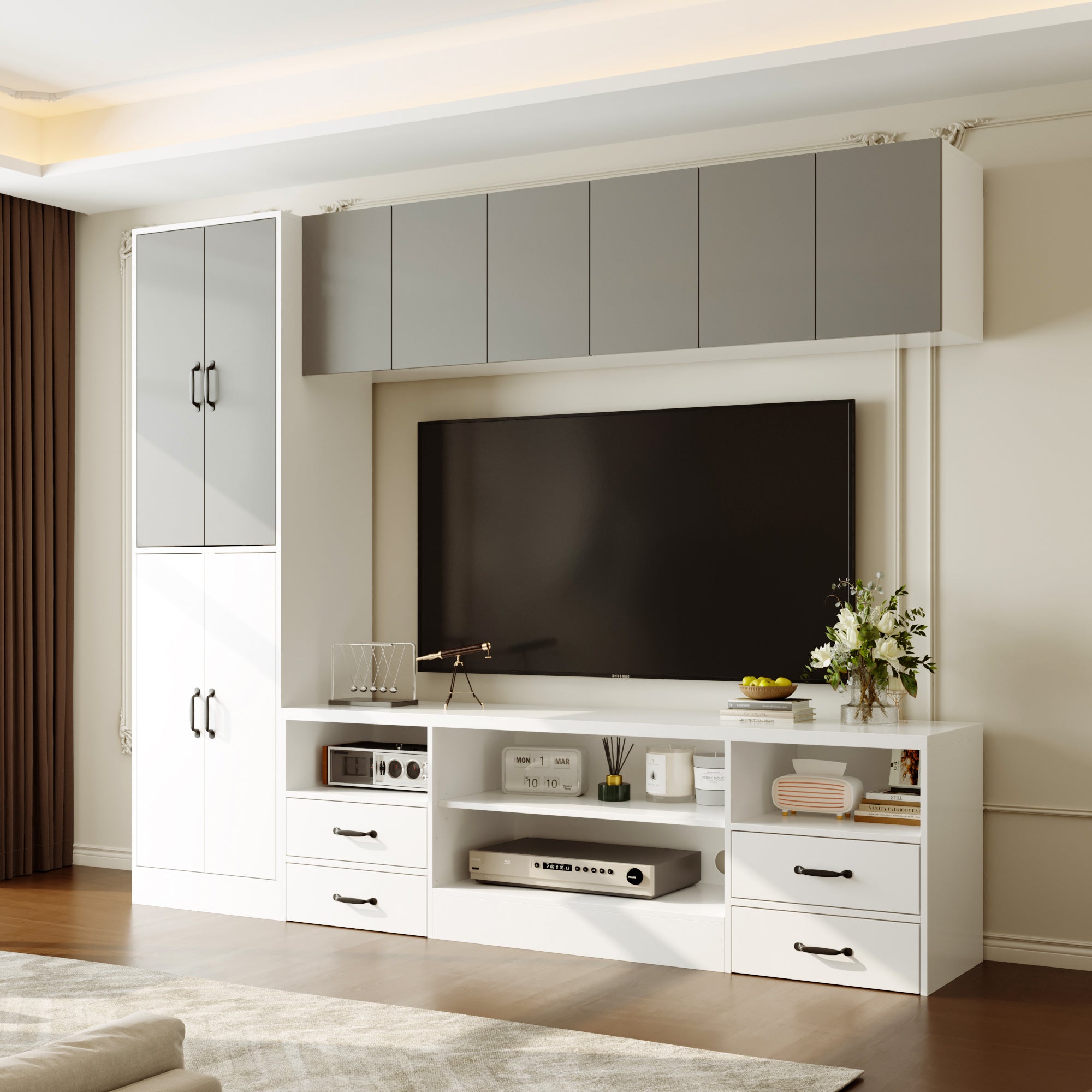 Modern living room with a television mounted on a wall unit.