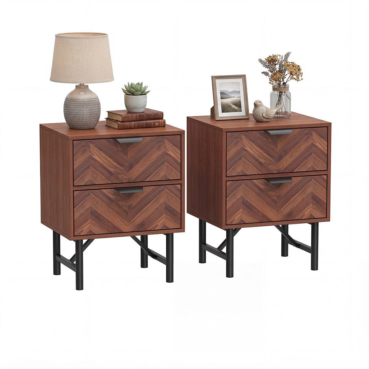 18.9" Rustic Brown Wood Grain 2-Drawer Bedside Table Nightstand