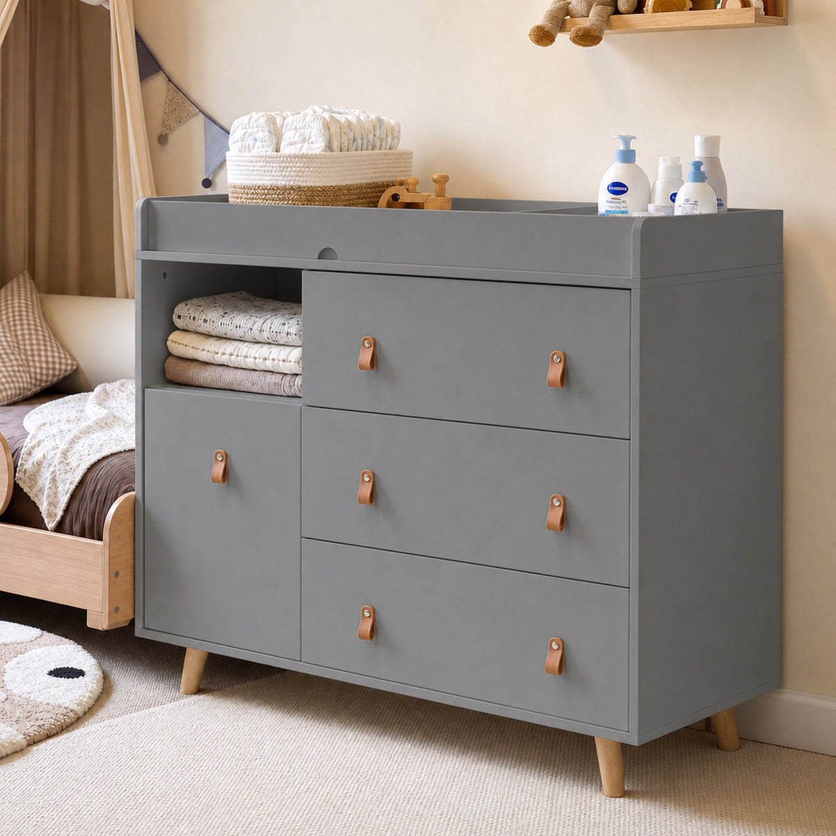 44.9" Modern Minimalist White/Wood 4-Drawer Nursery Changing Table Dresser