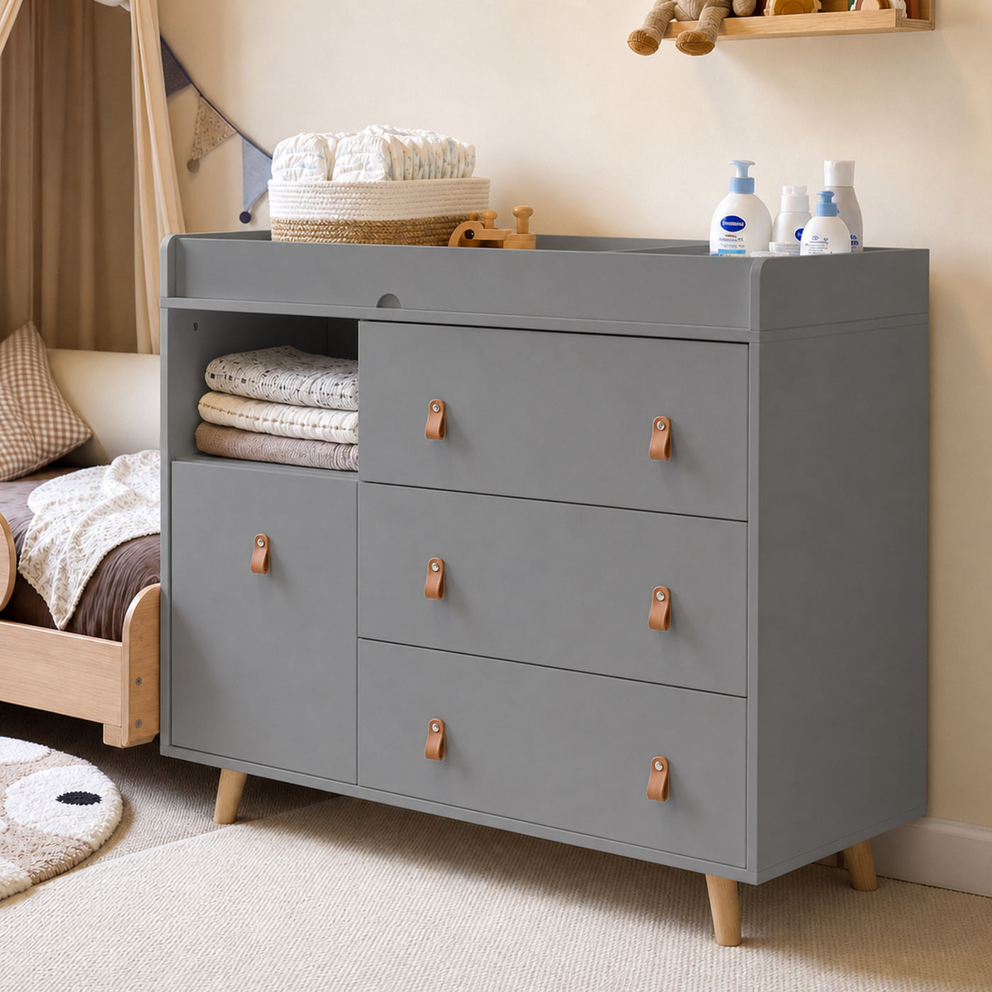 44.9" Modern Minimalist White/Wood 4-Drawer Nursery Changing Table Dresser