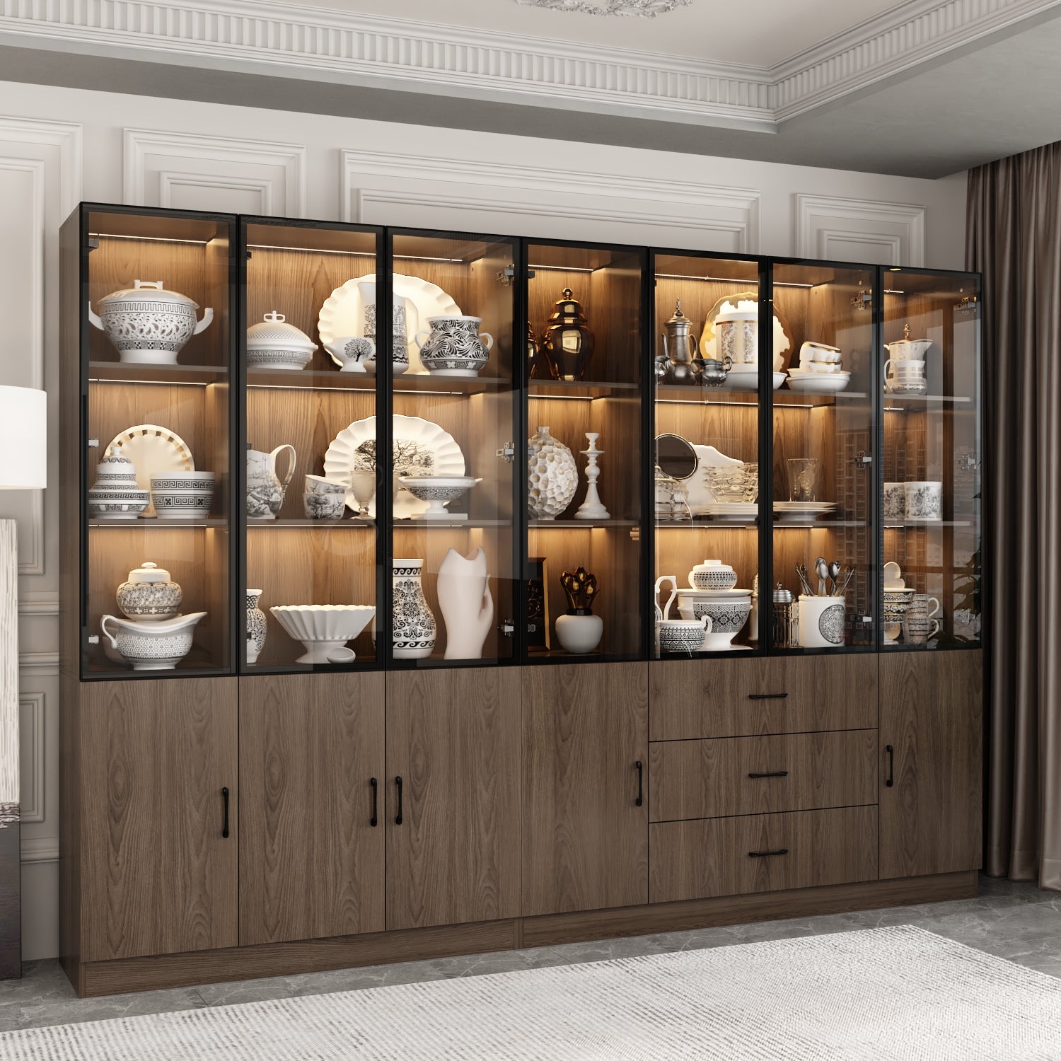 110.2'' W Glass Doors Display Case Curio Cabinet With Drawers ,Shelves,LED Lights